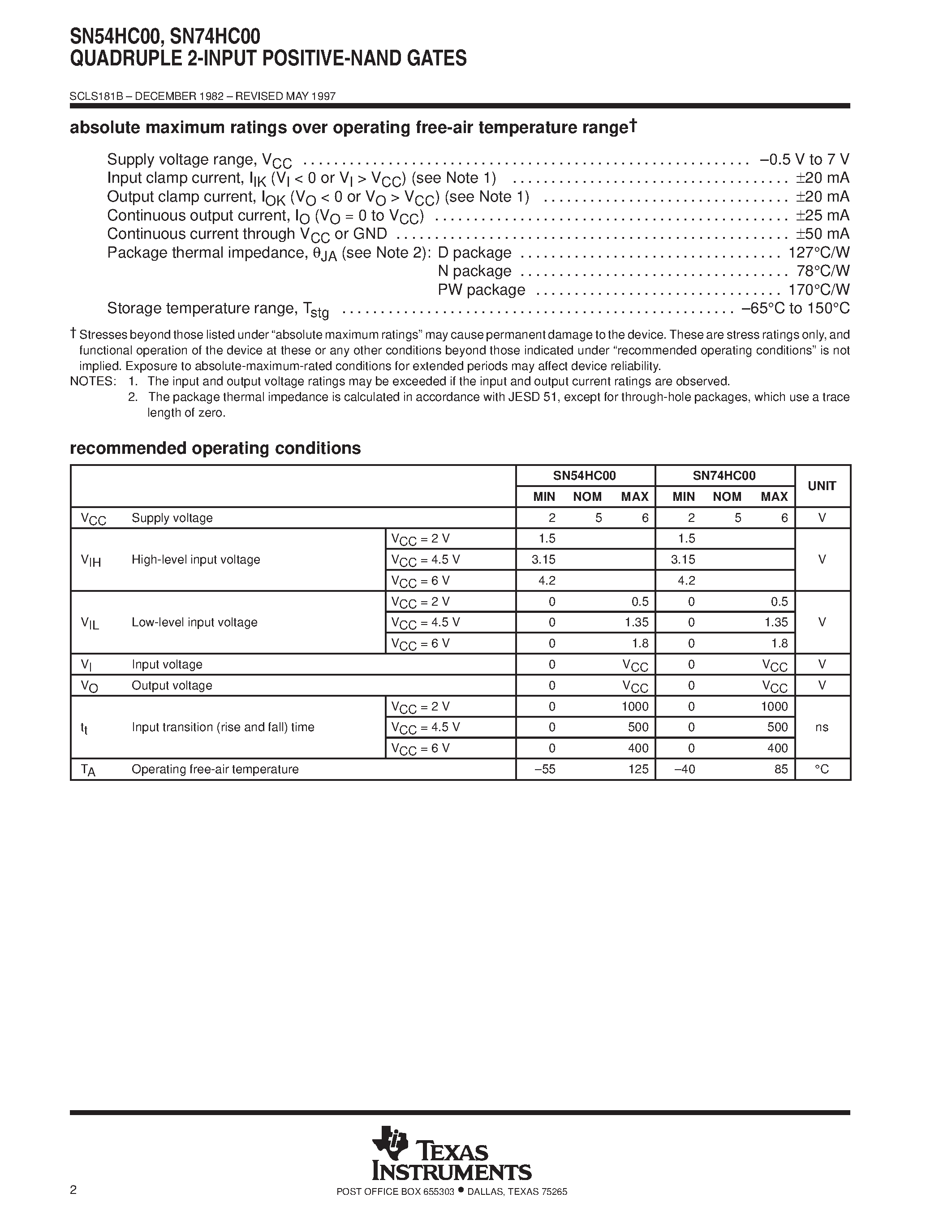 Даташит SN74HC00 - QUADRUPLE 2-INPUT POSITIVE-NAND GATES страница 2