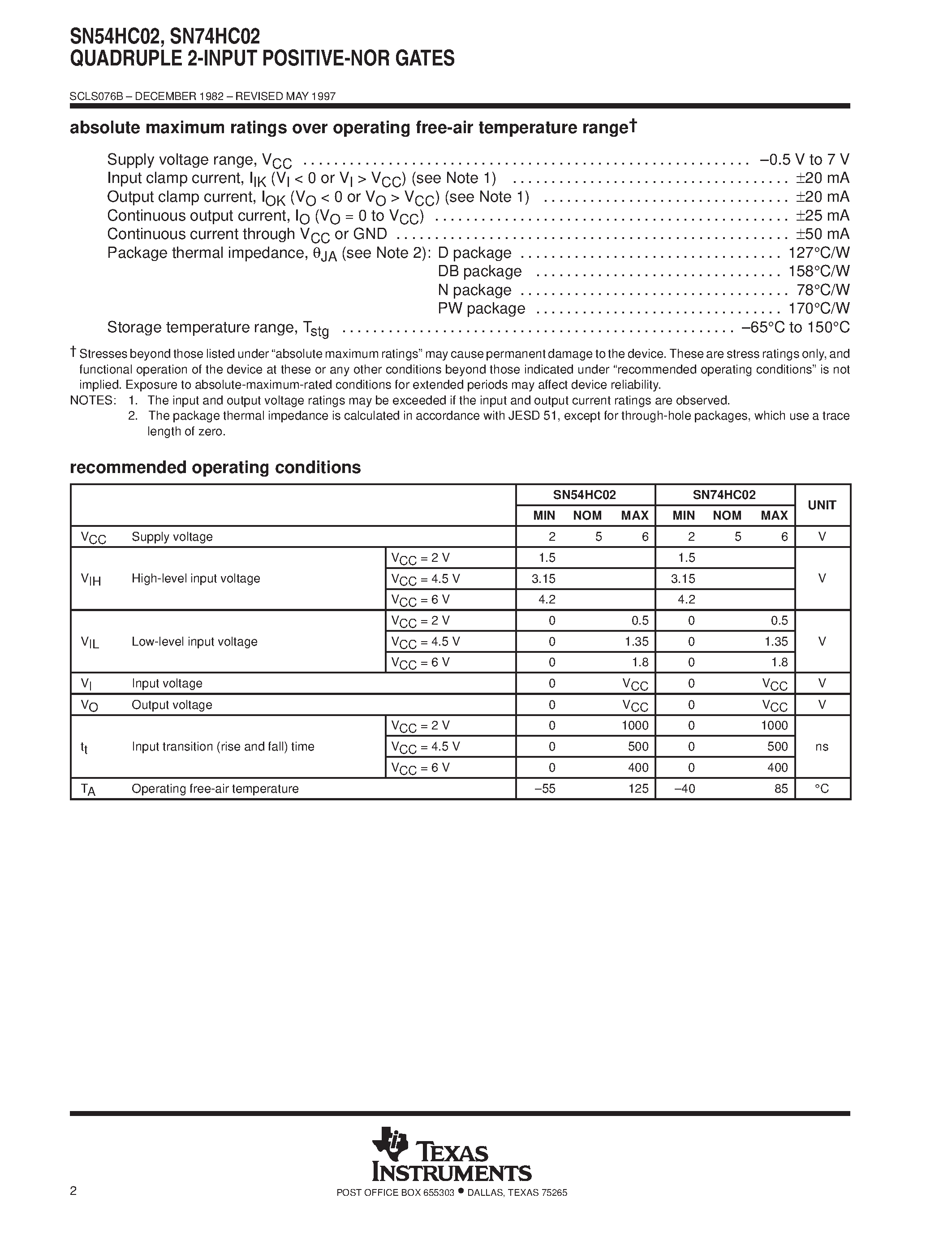 Даташит SN74HC02 - QUADRUPLE 2-INPUT POSITIVE-NOR GATES страница 2