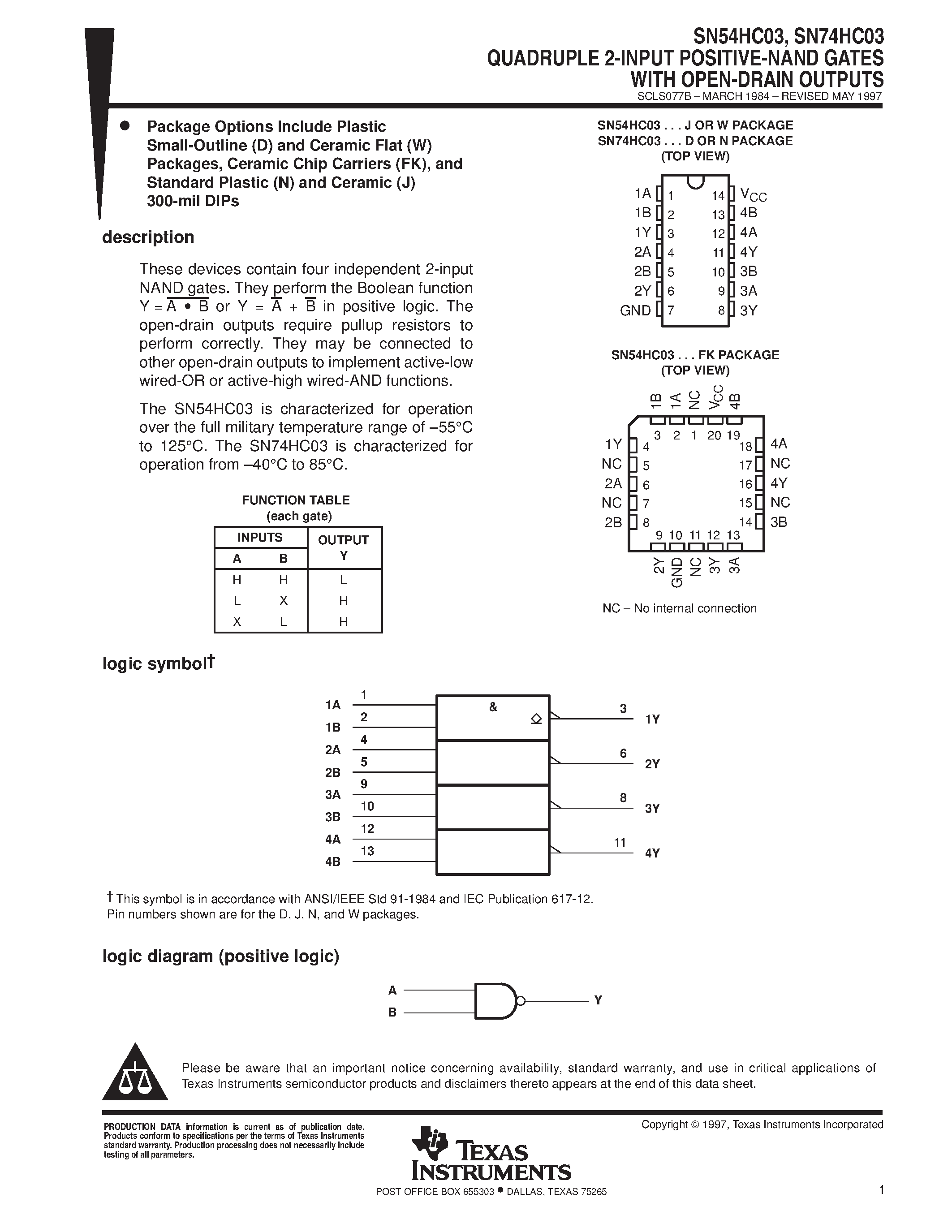 Даташит SN74HC03 - QUADRUPLE 2-INPUT POSITIVE-NAND GATES WITH OPEN-DRAIN OUTPUTS страница 1