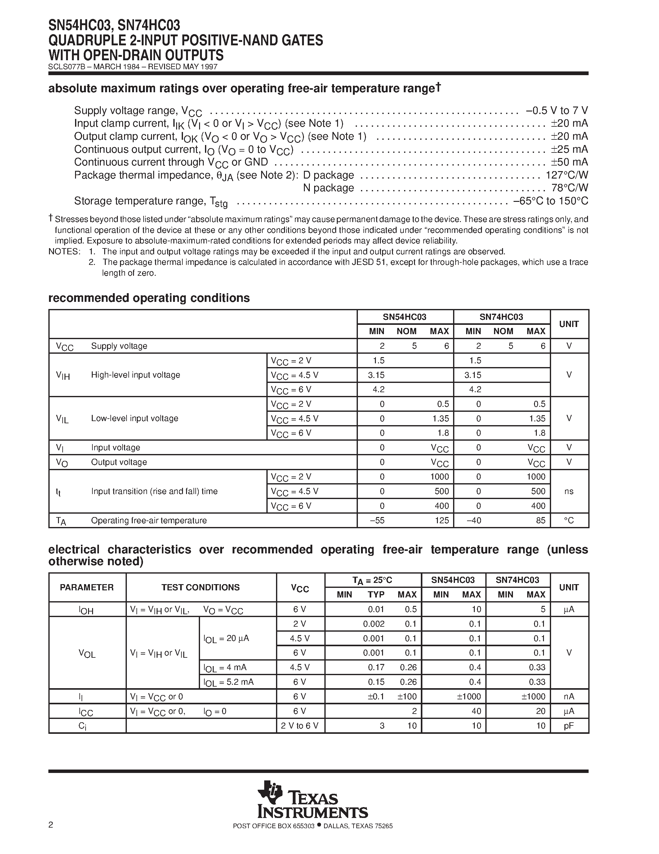 Даташит SN74HC03 - QUADRUPLE 2-INPUT POSITIVE-NAND GATES WITH OPEN-DRAIN OUTPUTS страница 2