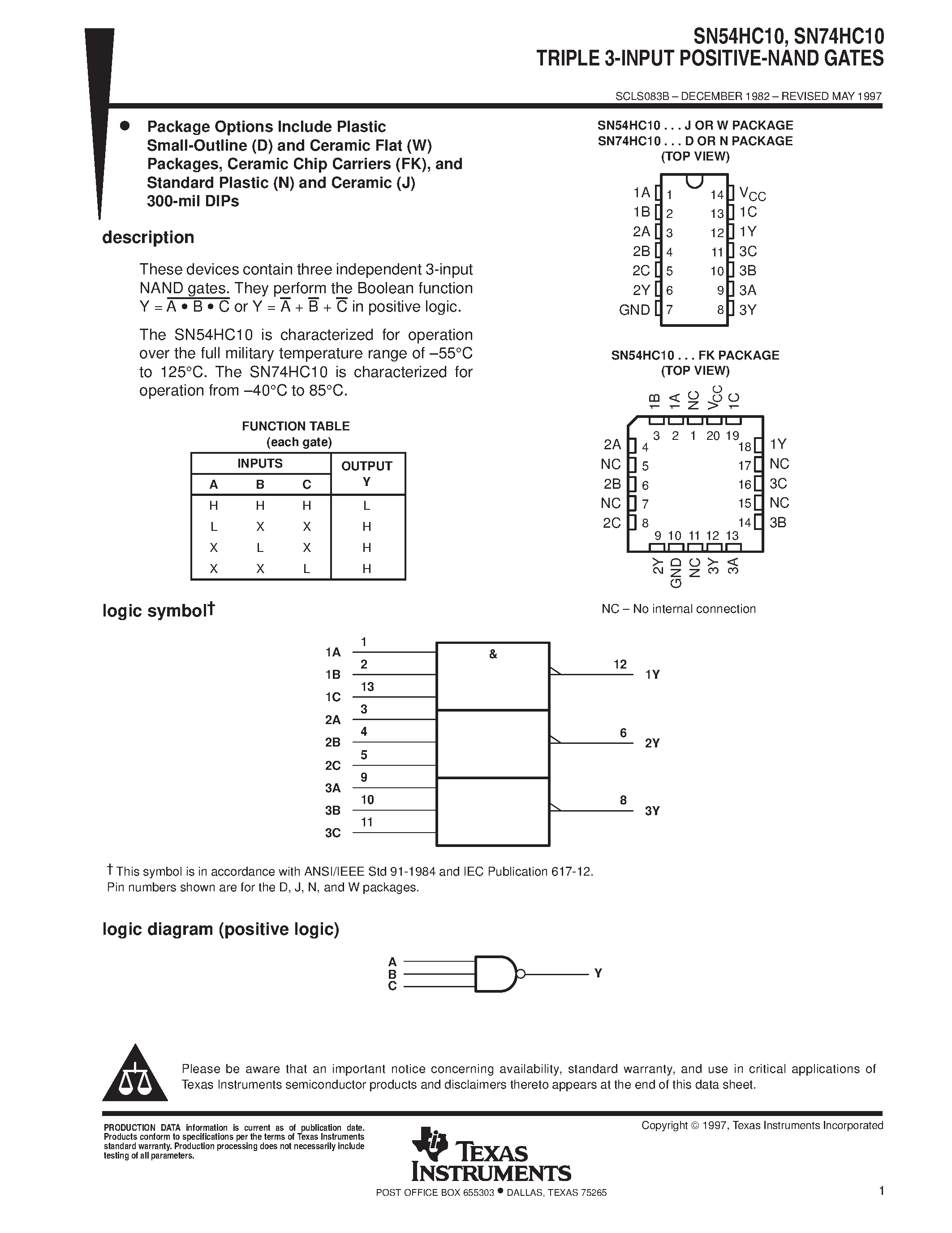 Даташит SN74HC10 - TRIPLE 3-INPUT POSITIVE-NAND GATES страница 1