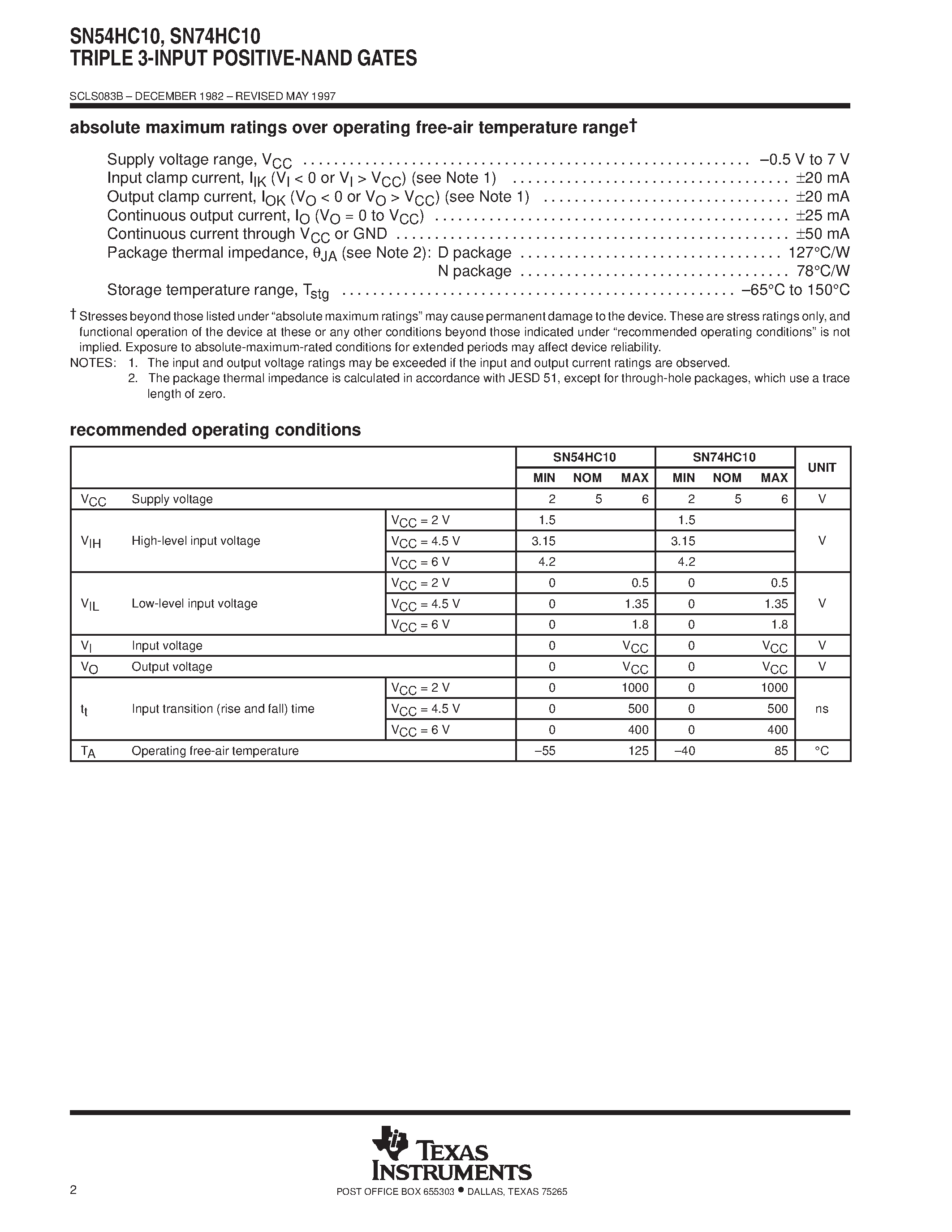 Даташит SN74HC10 - TRIPLE 3-INPUT POSITIVE-NAND GATES страница 2