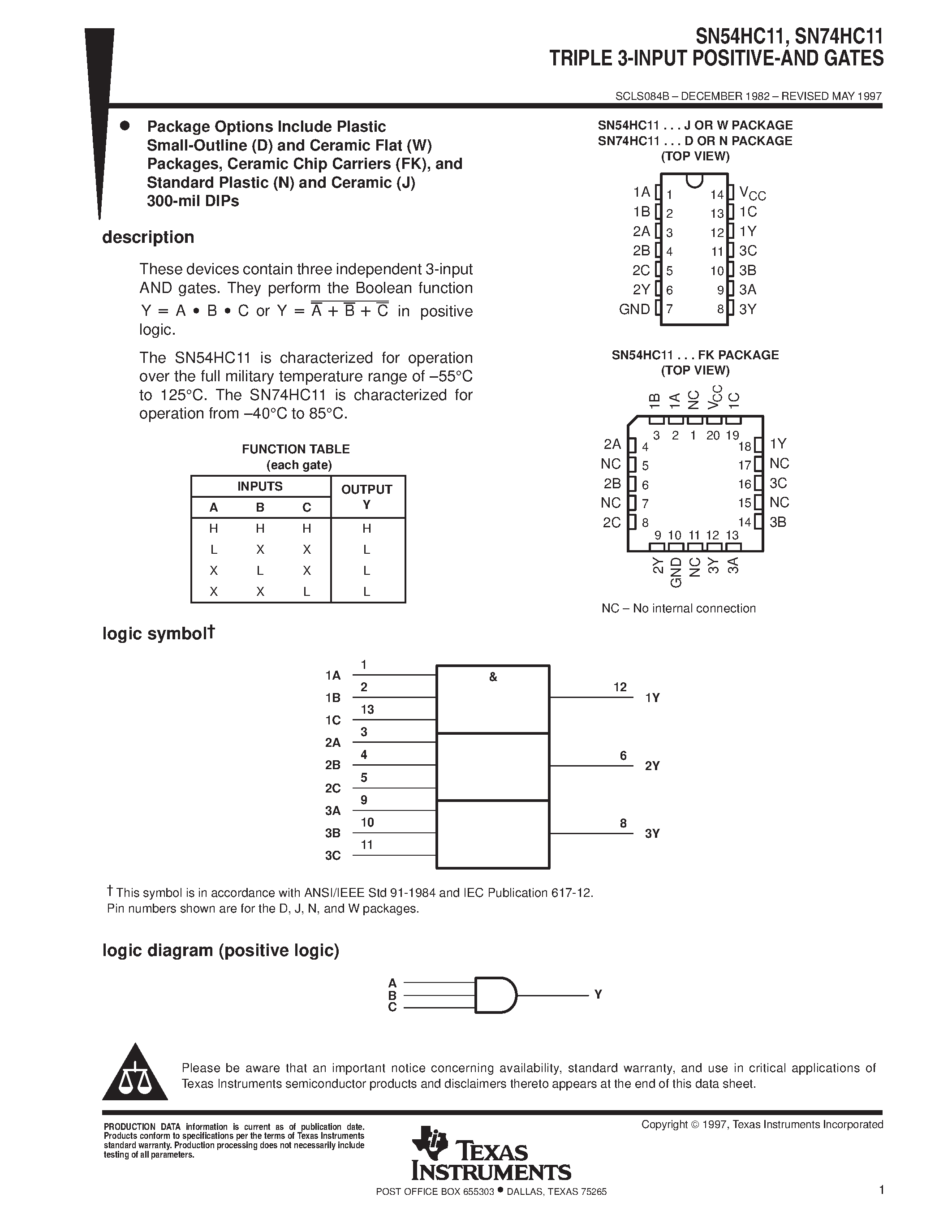 Даташит SN74HC11 - TRIPLE 3-INPUT POSITIVE-AND GATES страница 1