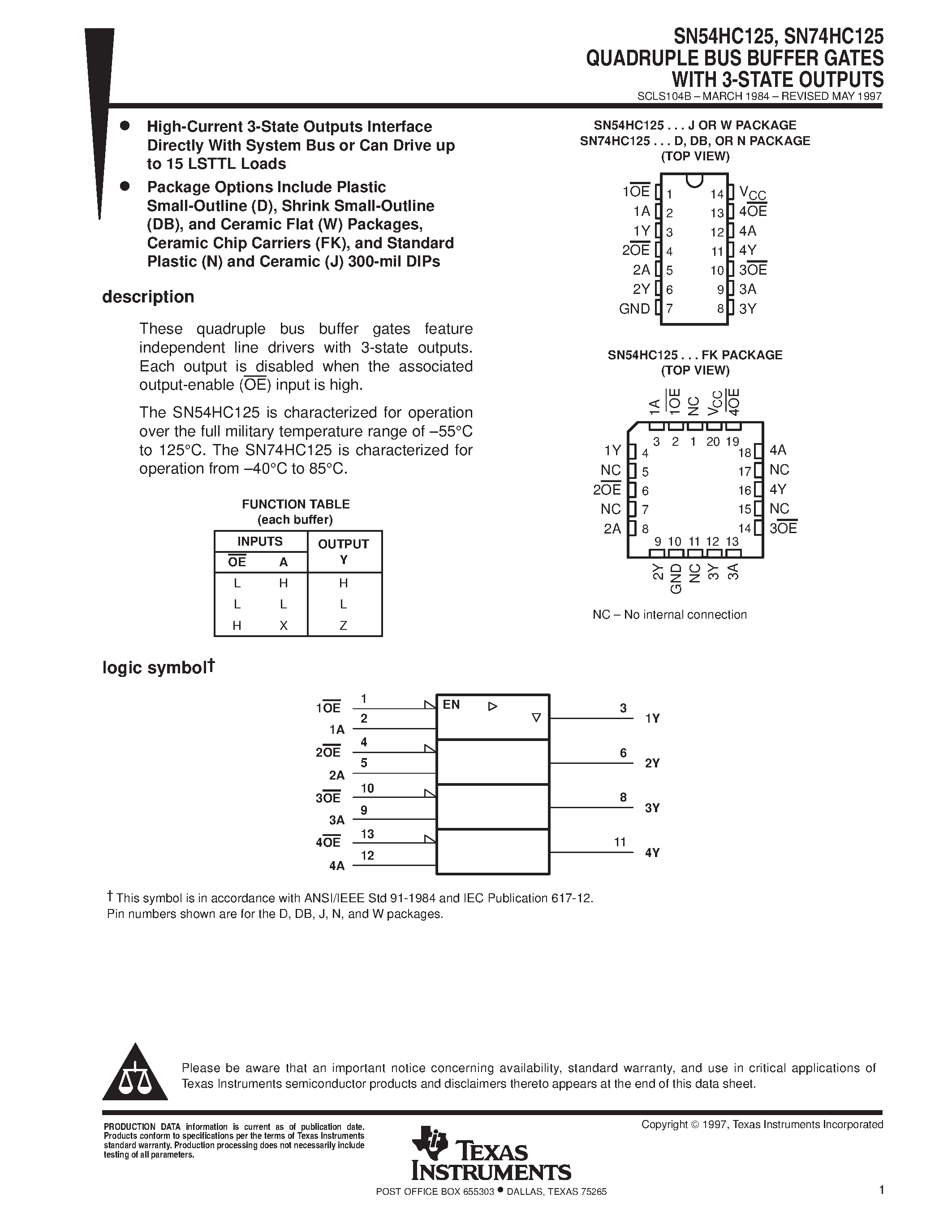 Даташит SN74HC125 - QUADRUPLE BUS BUFFER GATES WITH 3-STATE OUTPUTS страница 1