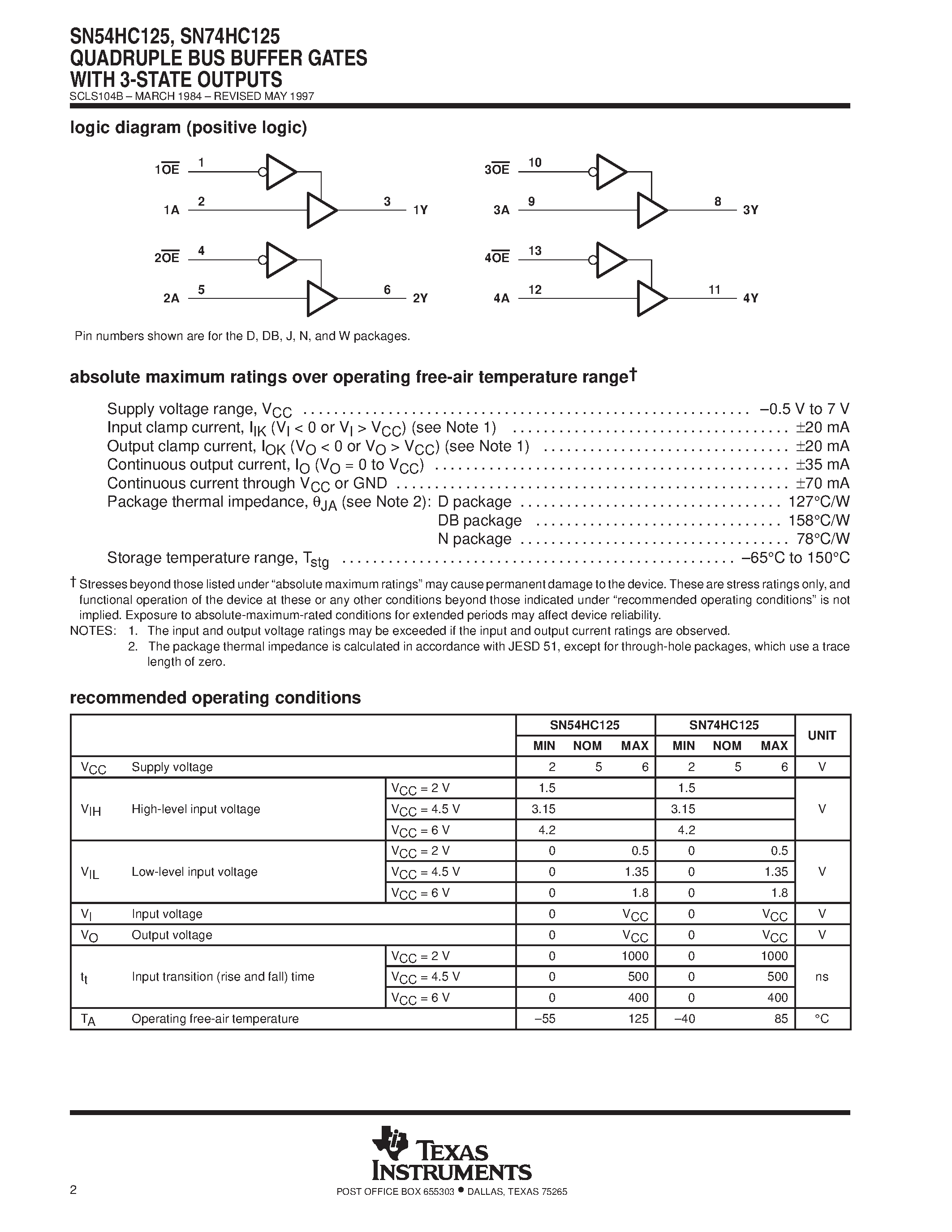 Даташит SN74HC125 - QUADRUPLE BUS BUFFER GATES WITH 3-STATE OUTPUTS страница 2