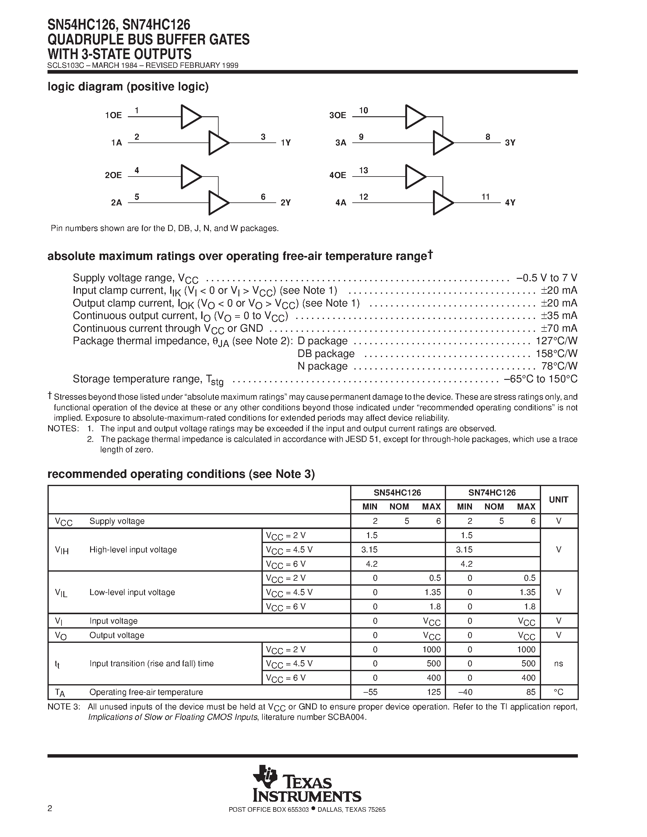 Даташит SN74HC126 - QUADRUPLE BUS BUFFER GATES WITH 3-STATE OUTPUTS страница 2