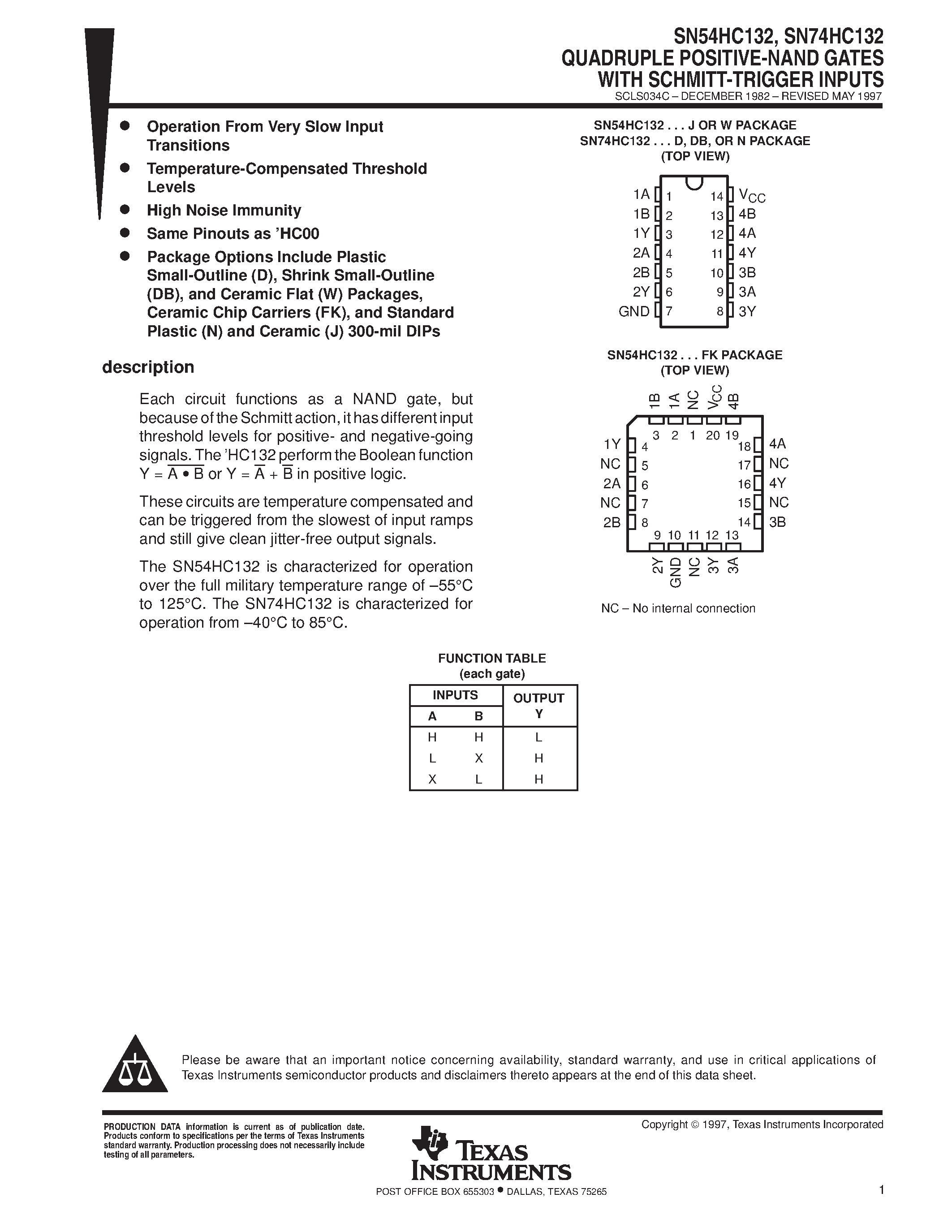 Даташит SN74HC132 - QUADRUPLE BUS BUFFER GATES WITH 3-STATE OUTPUTS страница 1