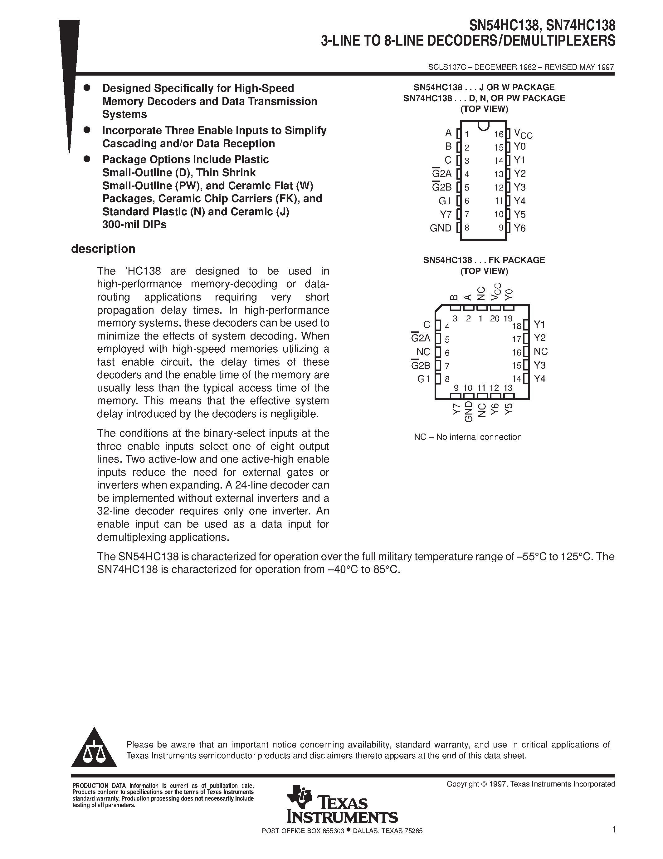 Даташит SN74HC138 - 3-LINE TO 8-LINE DECODERS/DEMULTIPLEXERS страница 1