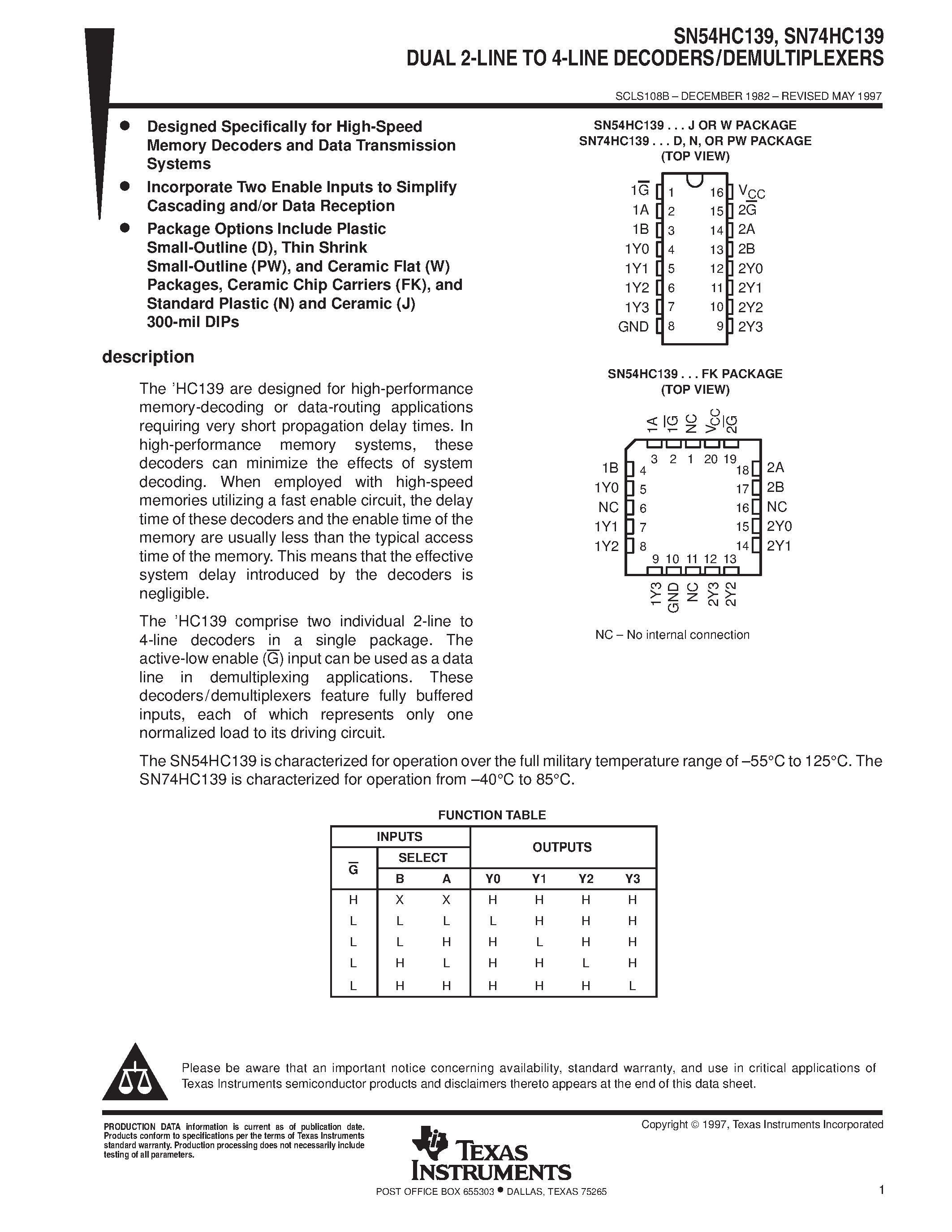 Даташит SN74HC139 - DUAL 2-LINE TO 4-LINE DECODERS/DEMULTIPLEXERS страница 1