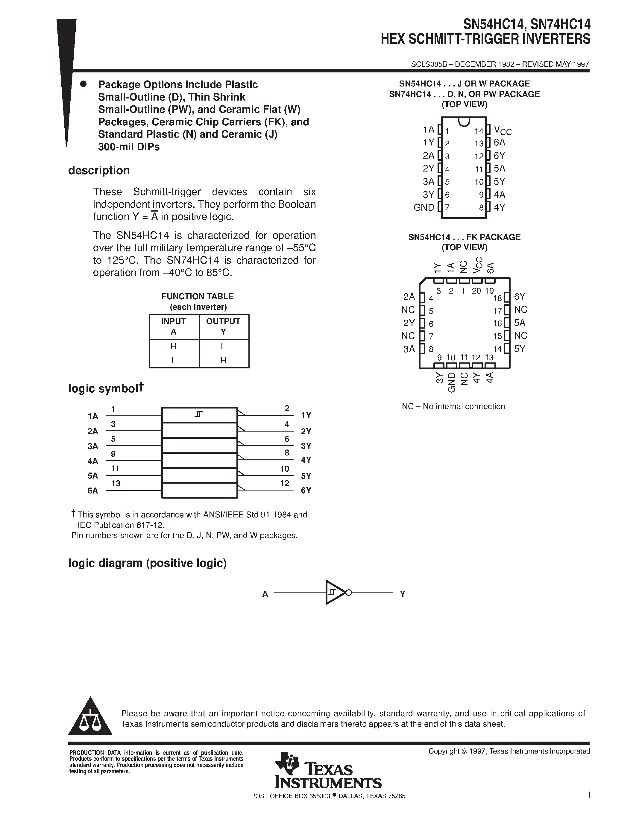 Даташит SN74HC14 - HEX SCHMITT-TRIGGER INVERTERS страница 1