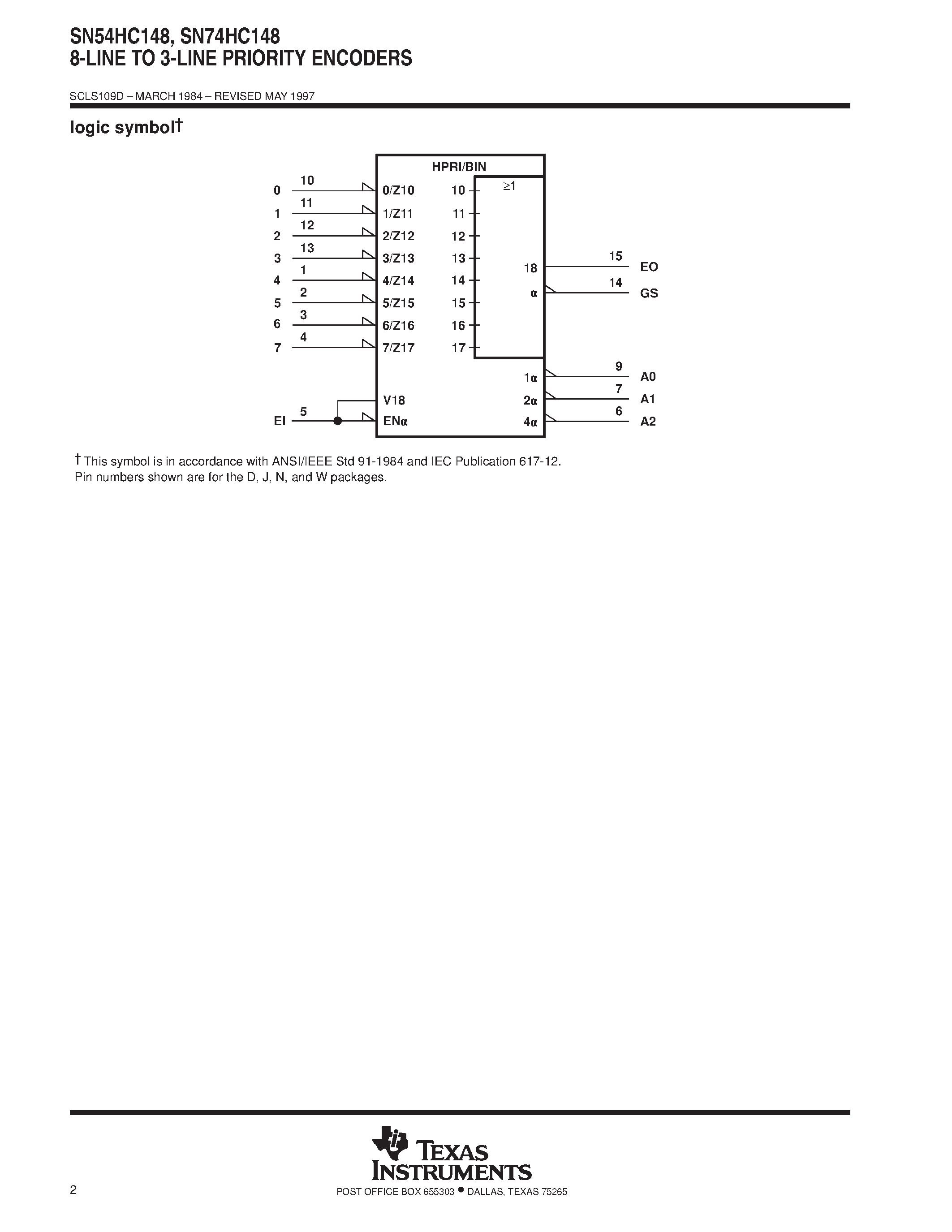 Даташит SN74HC148 - 8-LINE TO 3-LINE PRIORITY ENCODERS страница 2