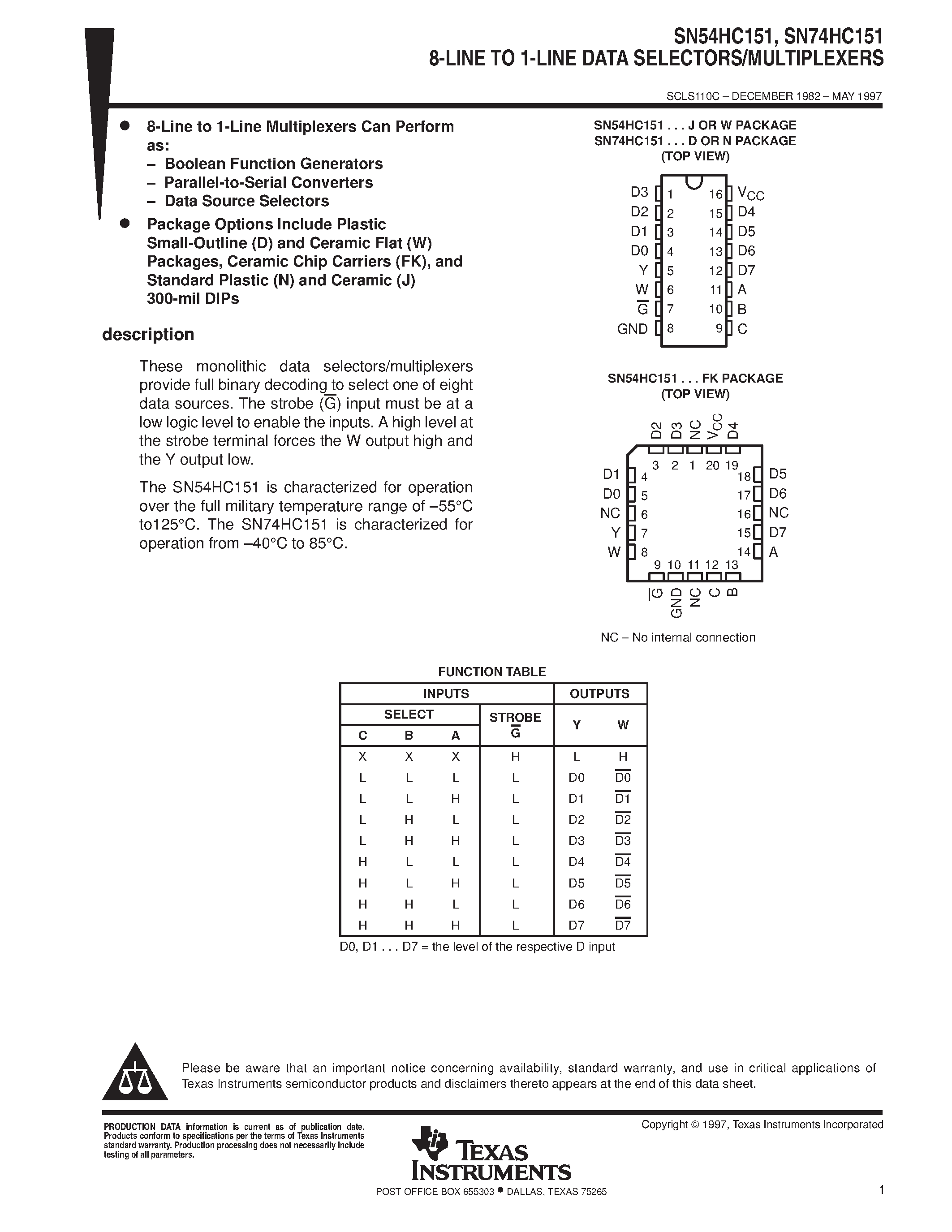 Даташит SN74HC151 - 8-LINE TO 1-LINE DATA SELECTORS/MULTIPLEXERS страница 1