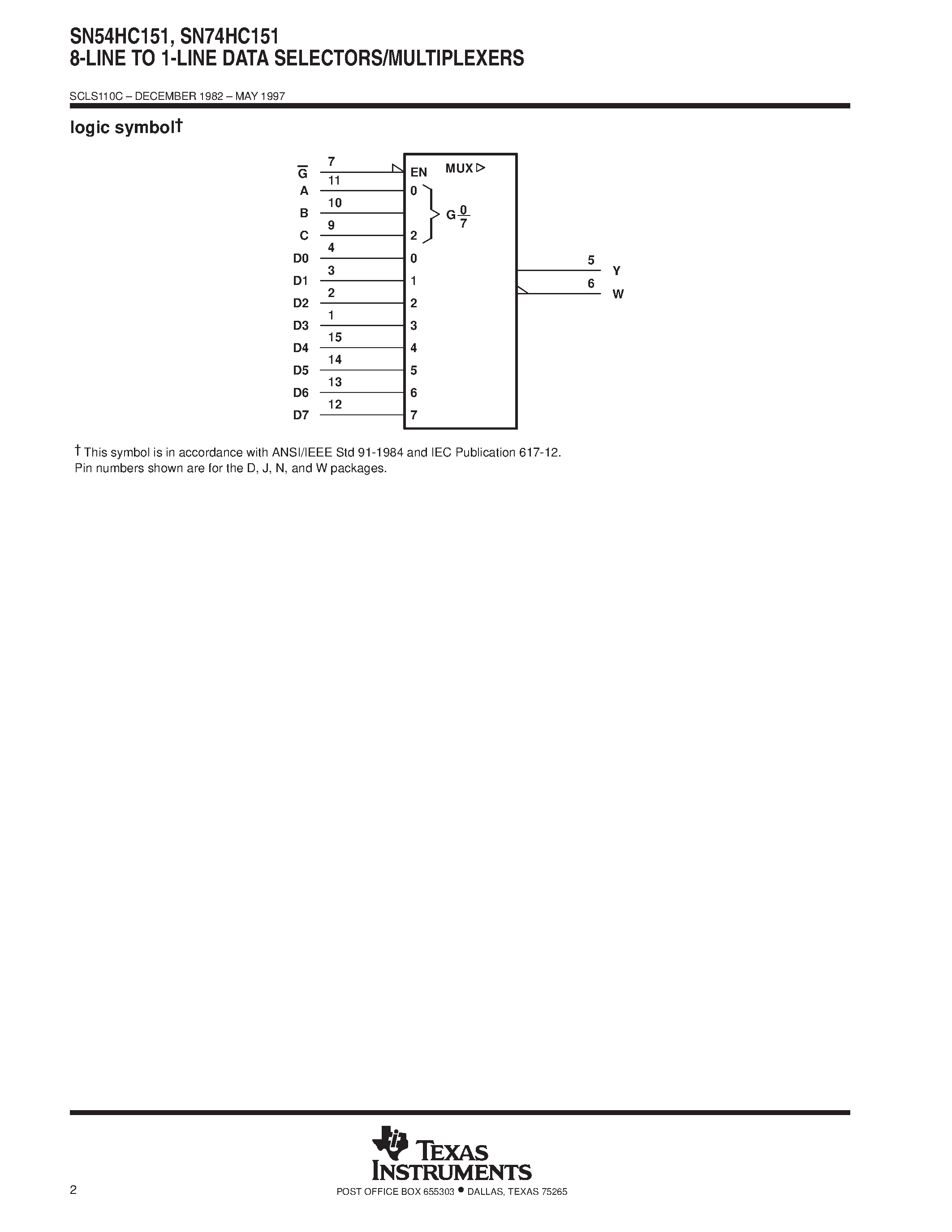 Даташит SN74HC151 - 8-LINE TO 1-LINE DATA SELECTORS/MULTIPLEXERS страница 2