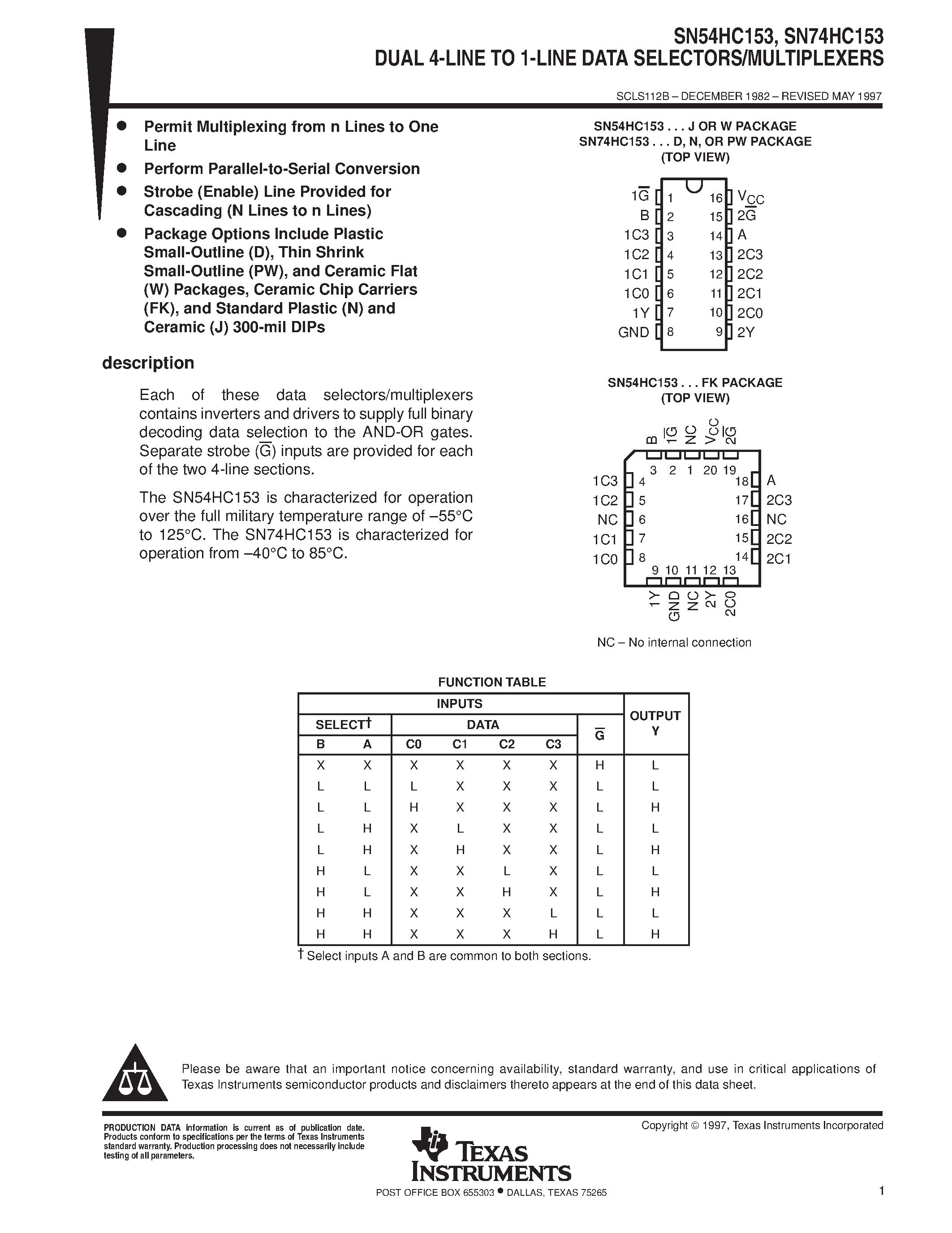 Даташит SN74HC153 - DUAL 4-LINE TO 1-LINE DATA SELECTORS/MULTIPLEXERS страница 1