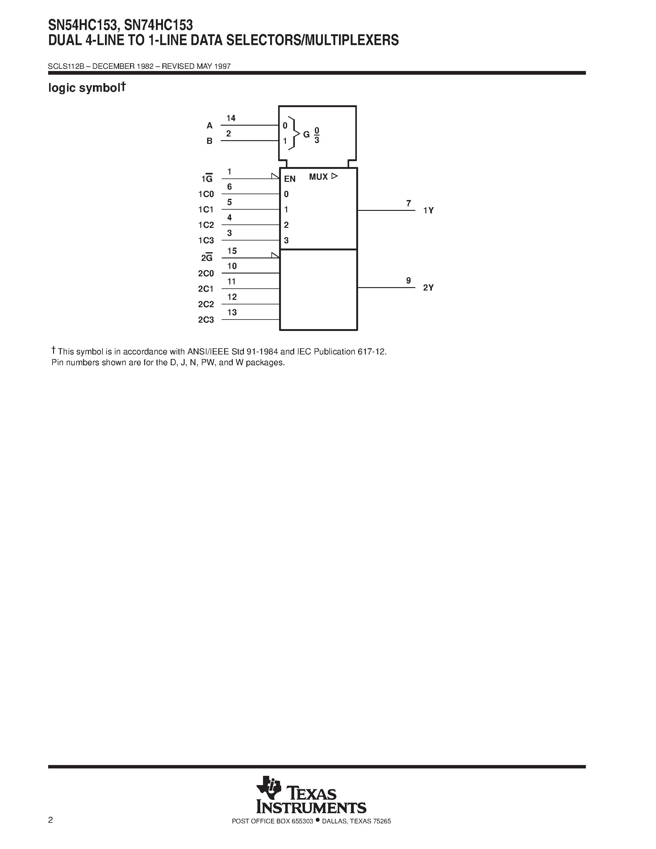 Даташит SN74HC153 - DUAL 4-LINE TO 1-LINE DATA SELECTORS/MULTIPLEXERS страница 2