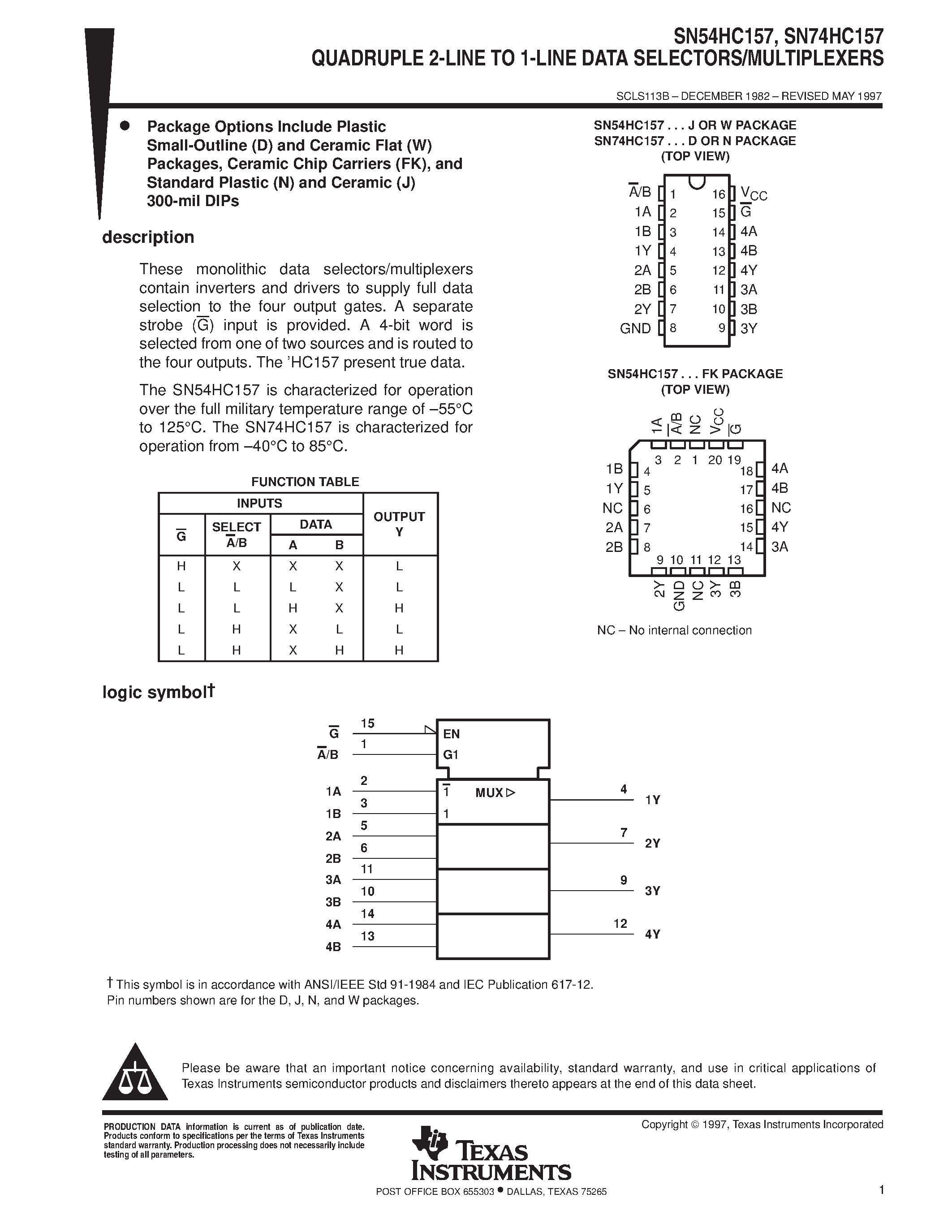 Даташит SN74HC157 - QUADRUPLE 2-LINE TO 1-LINE DATA SELECTORS/MULTIPLEXERS страница 1