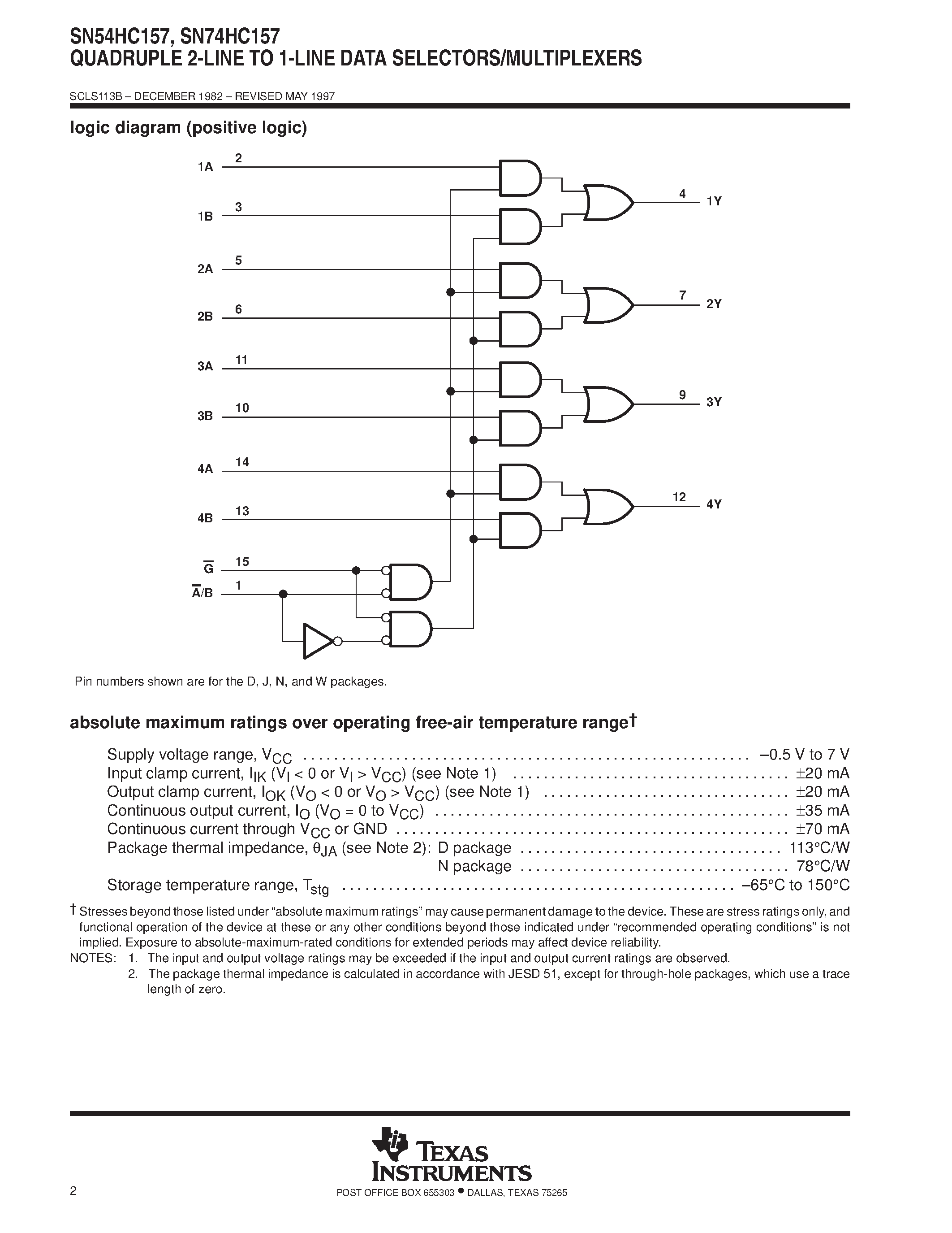 Даташит SN74HC157 - QUADRUPLE 2-LINE TO 1-LINE DATA SELECTORS/MULTIPLEXERS страница 2