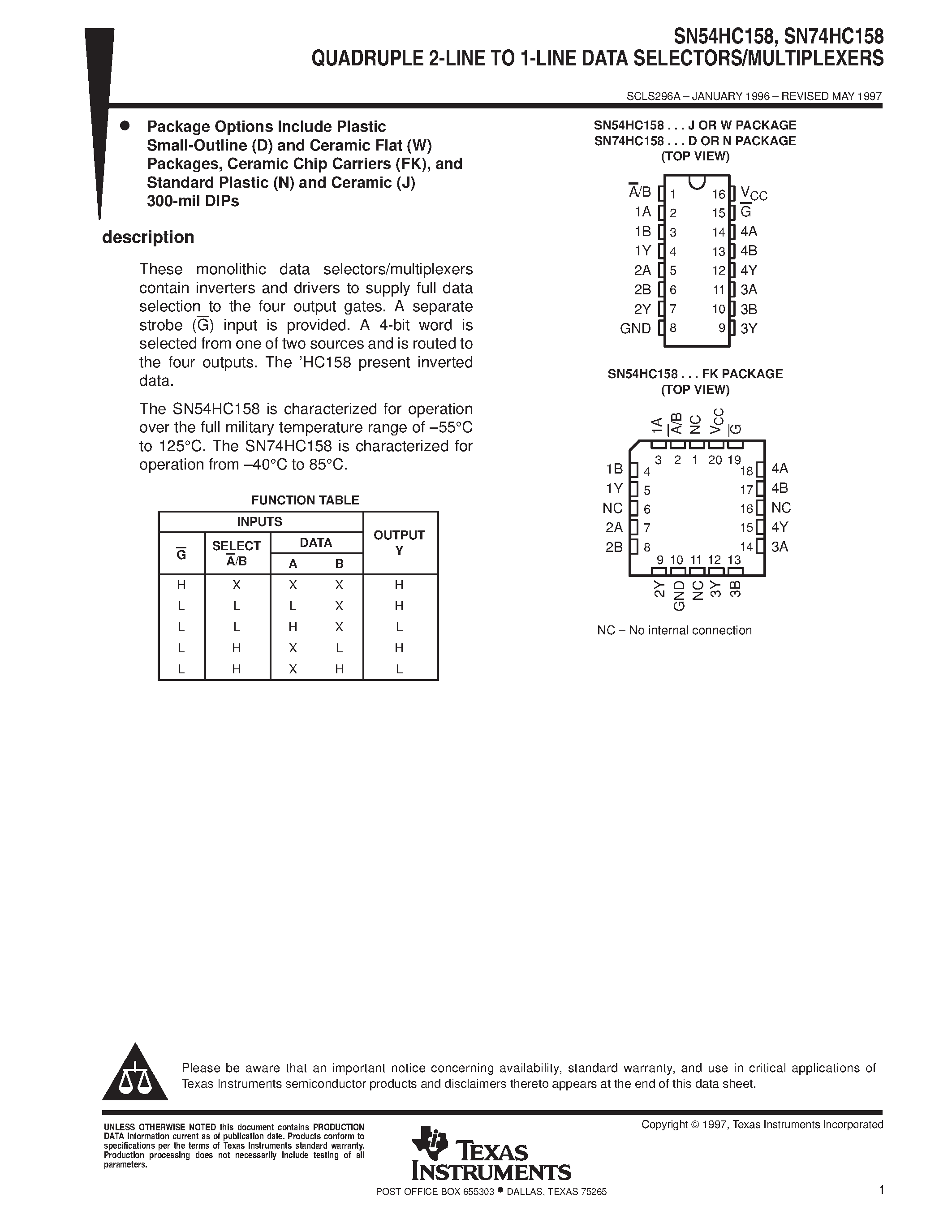 Даташит SN74HC158 - QUADRUPLE 2-LINE TO 1-LINE DATA SELECTORS/MULTIPLEXERS страница 1