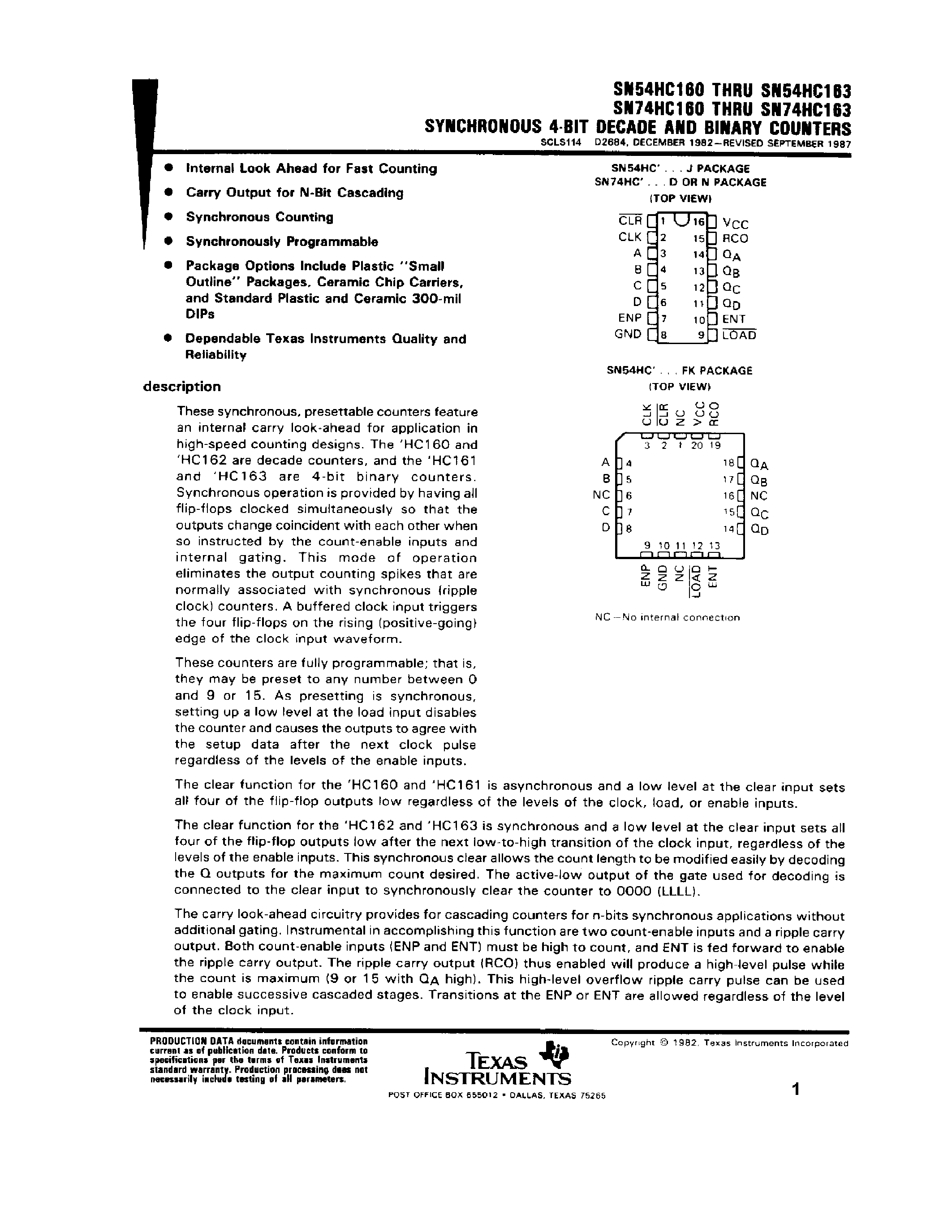 Даташит SN74HC160 - SYNCHRONOUS 4-BIT DECADE AND BINARY COUNTERS страница 1