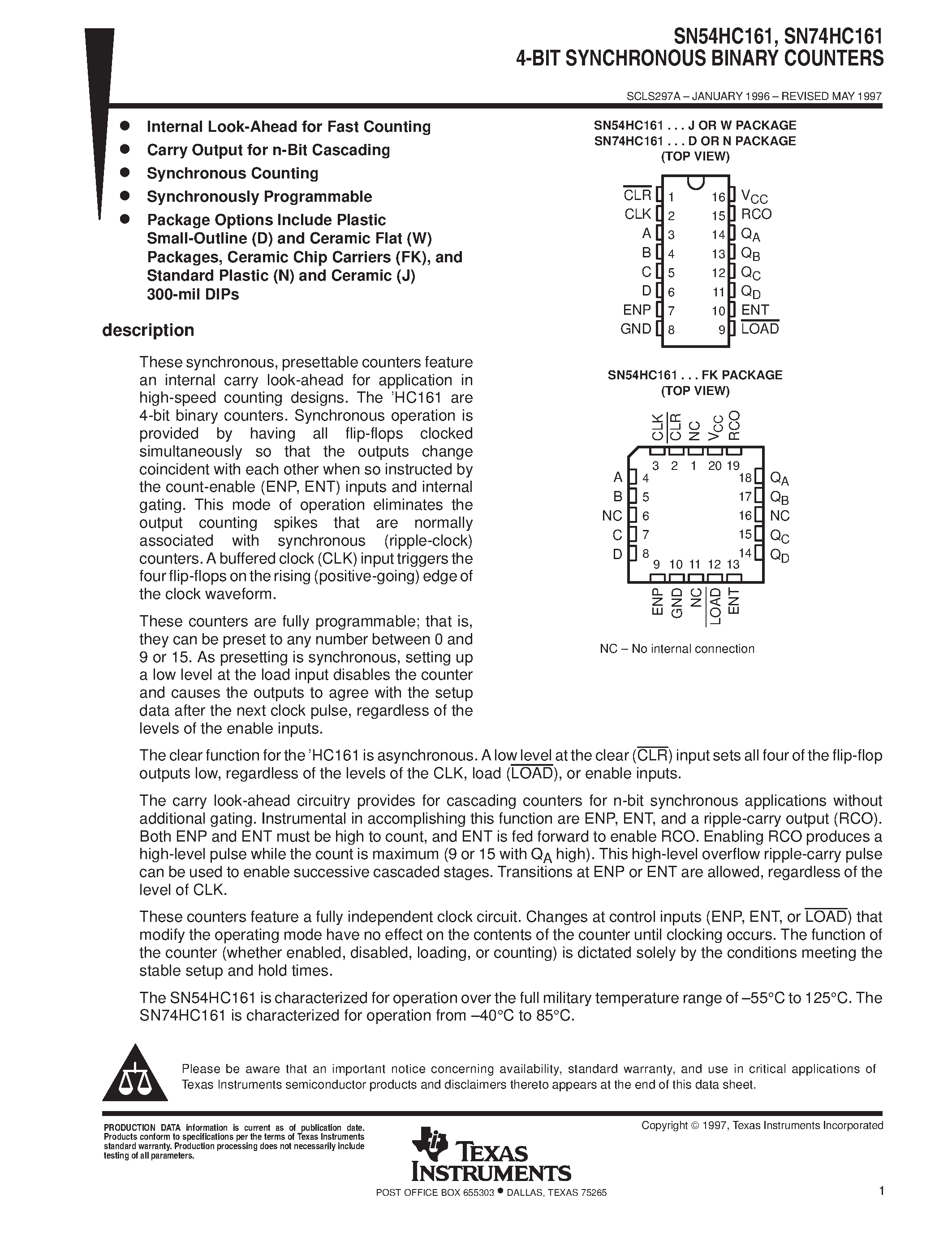 Даташит SN74HC161 - SYNCHRONOUS 4-BIT DECADE AND BINARY COUNTERS страница 1