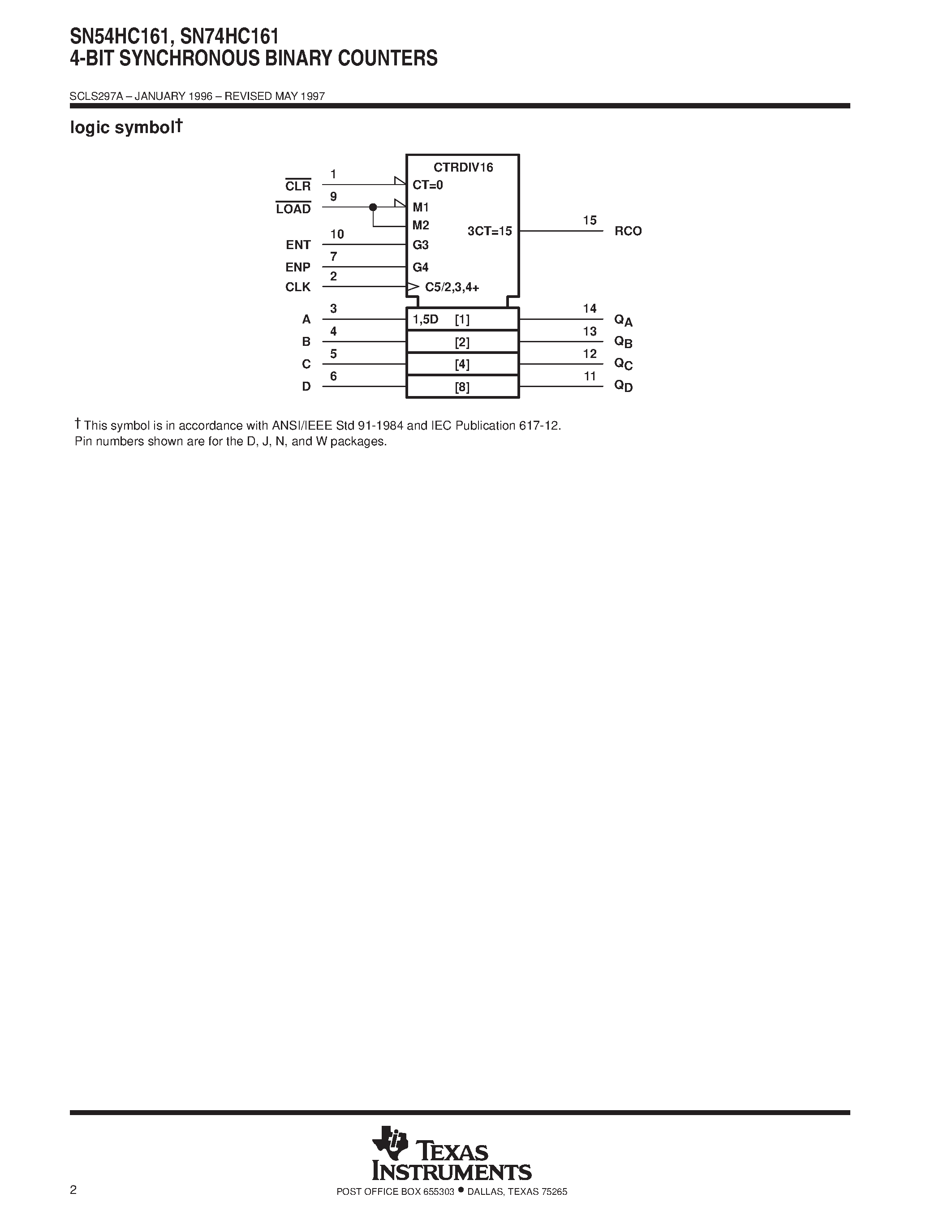 Даташит SN74HC161 - SYNCHRONOUS 4-BIT DECADE AND BINARY COUNTERS страница 2