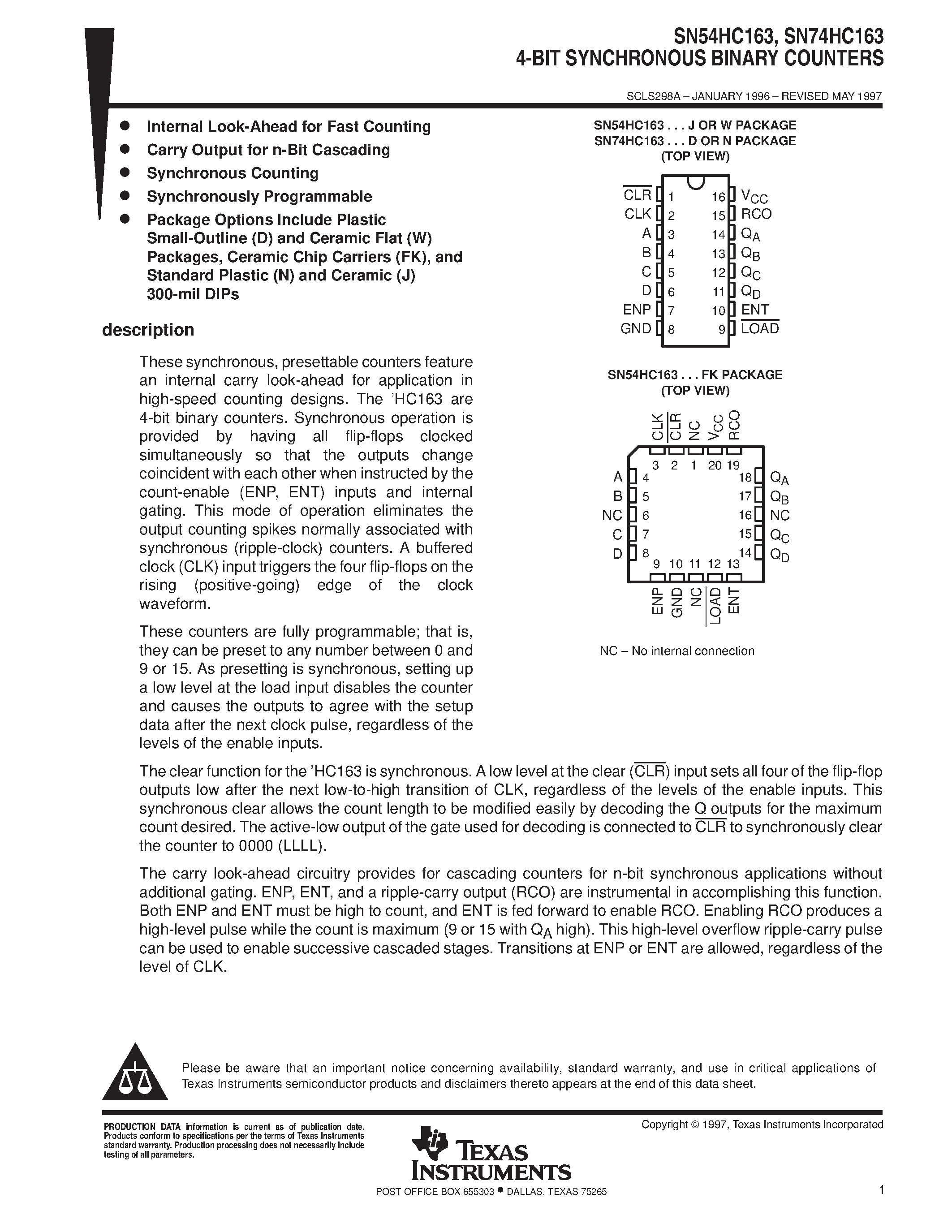 Даташит SN74HC163 - SYNCHRONOUS 4-BIT DECADE AND BINARY COUNTERS страница 1