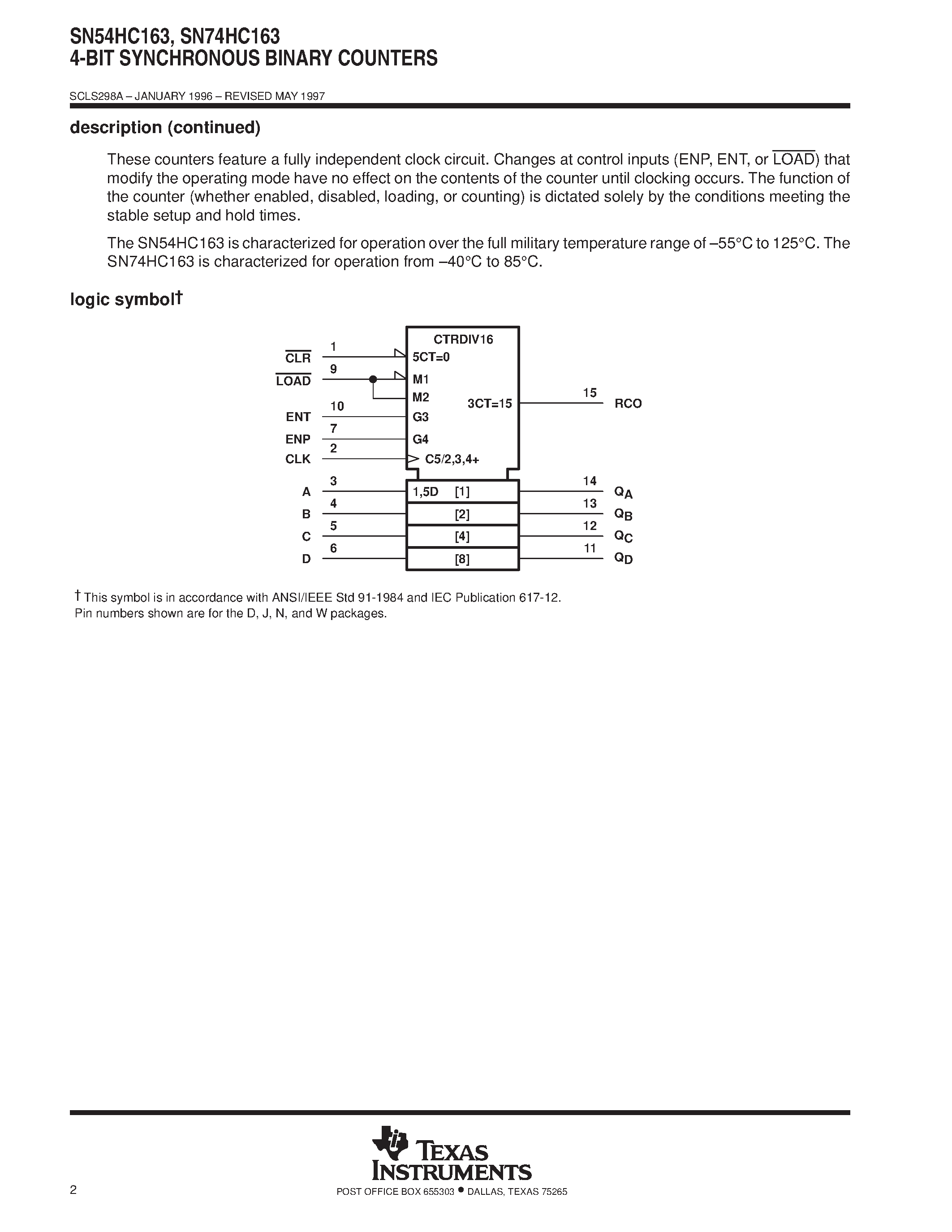 Даташит SN74HC163 - SYNCHRONOUS 4-BIT DECADE AND BINARY COUNTERS страница 2