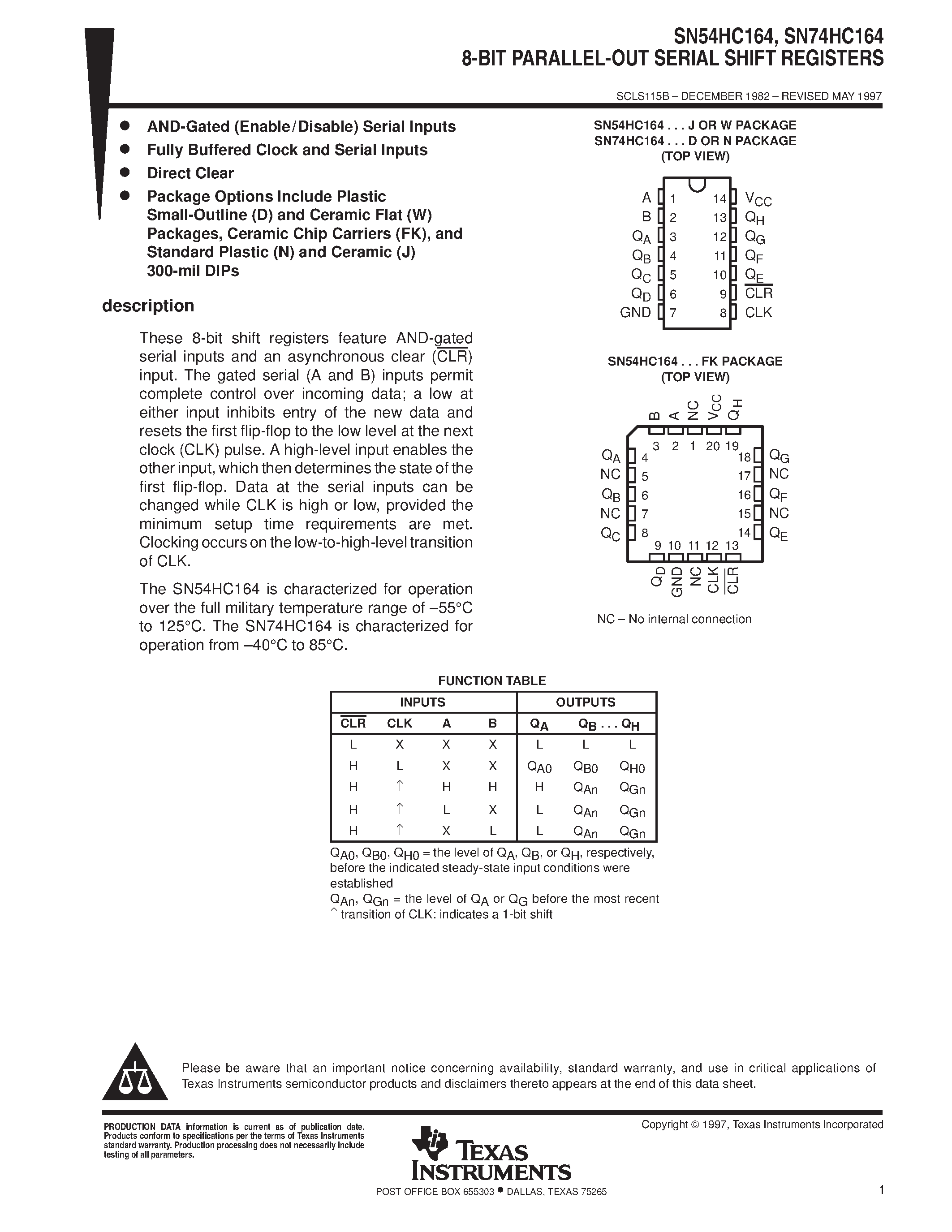 Даташит SN74HC164 - 8-BIT PARALLEL-OUT SERIAL SHIFT REGISTERS страница 1