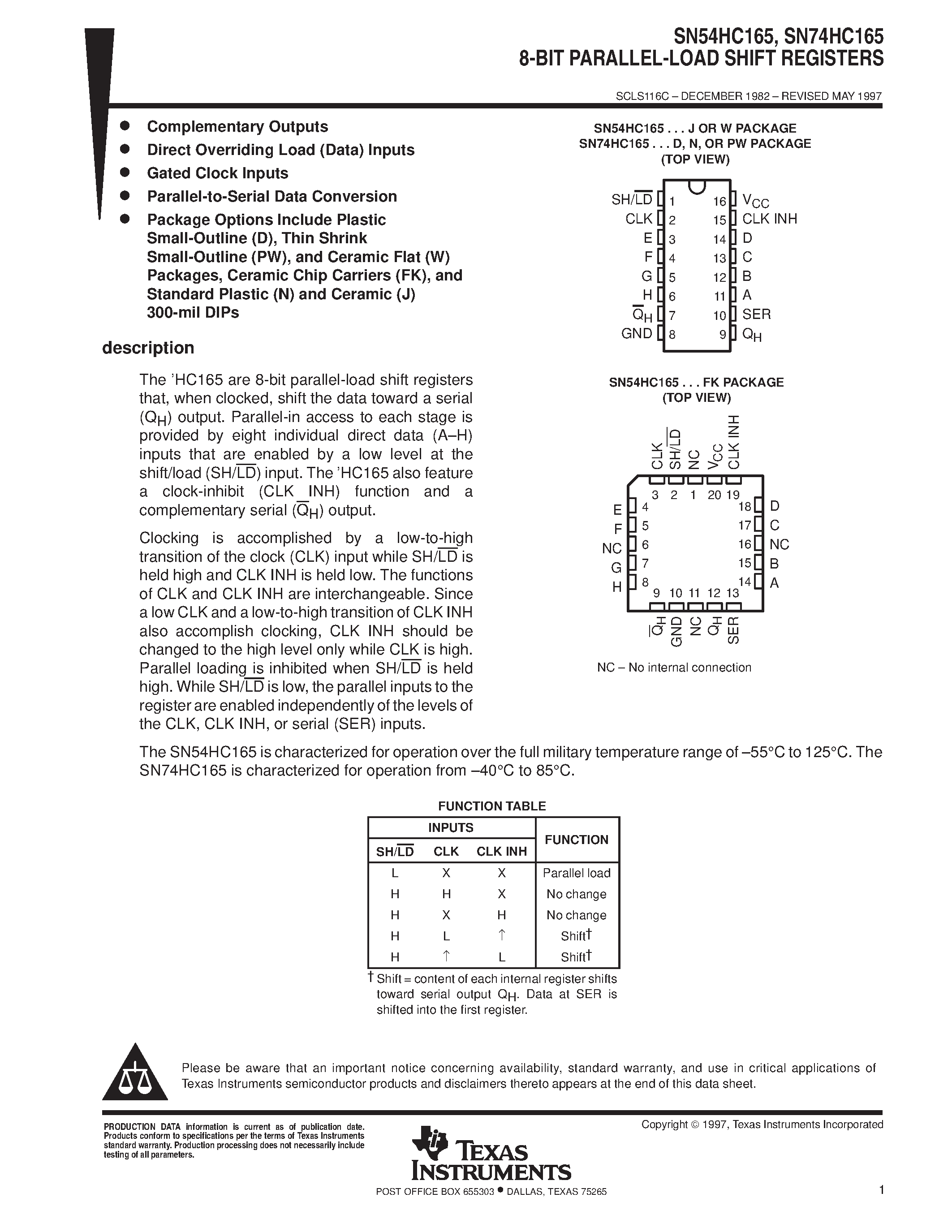 Даташит SN74HC165 - 8-BIT PARALLEL-OUT SERIAL SHIFT REGISTERS страница 1