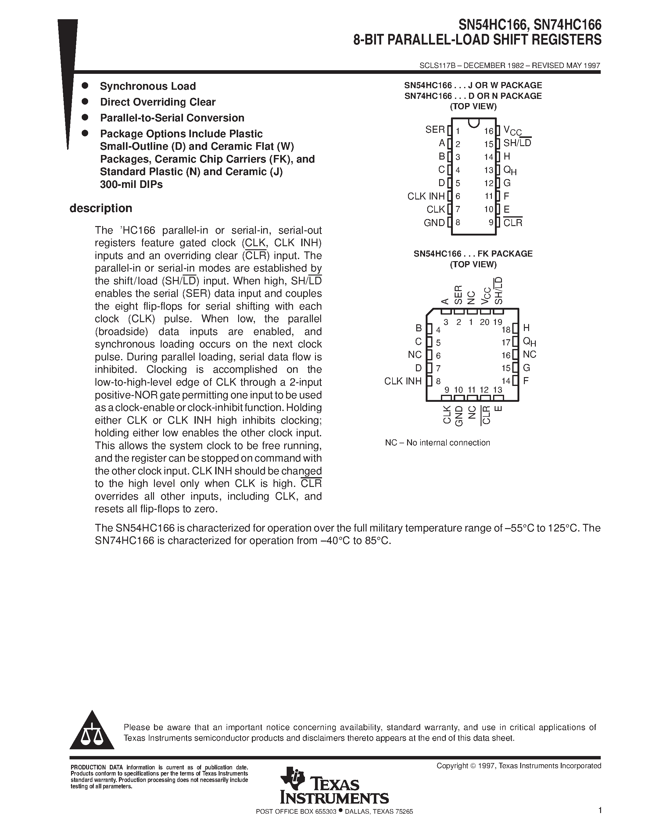 Даташит SN74HC166 - 8-BIT PARALLEL-OUT SERIAL SHIFT REGISTERS страница 1