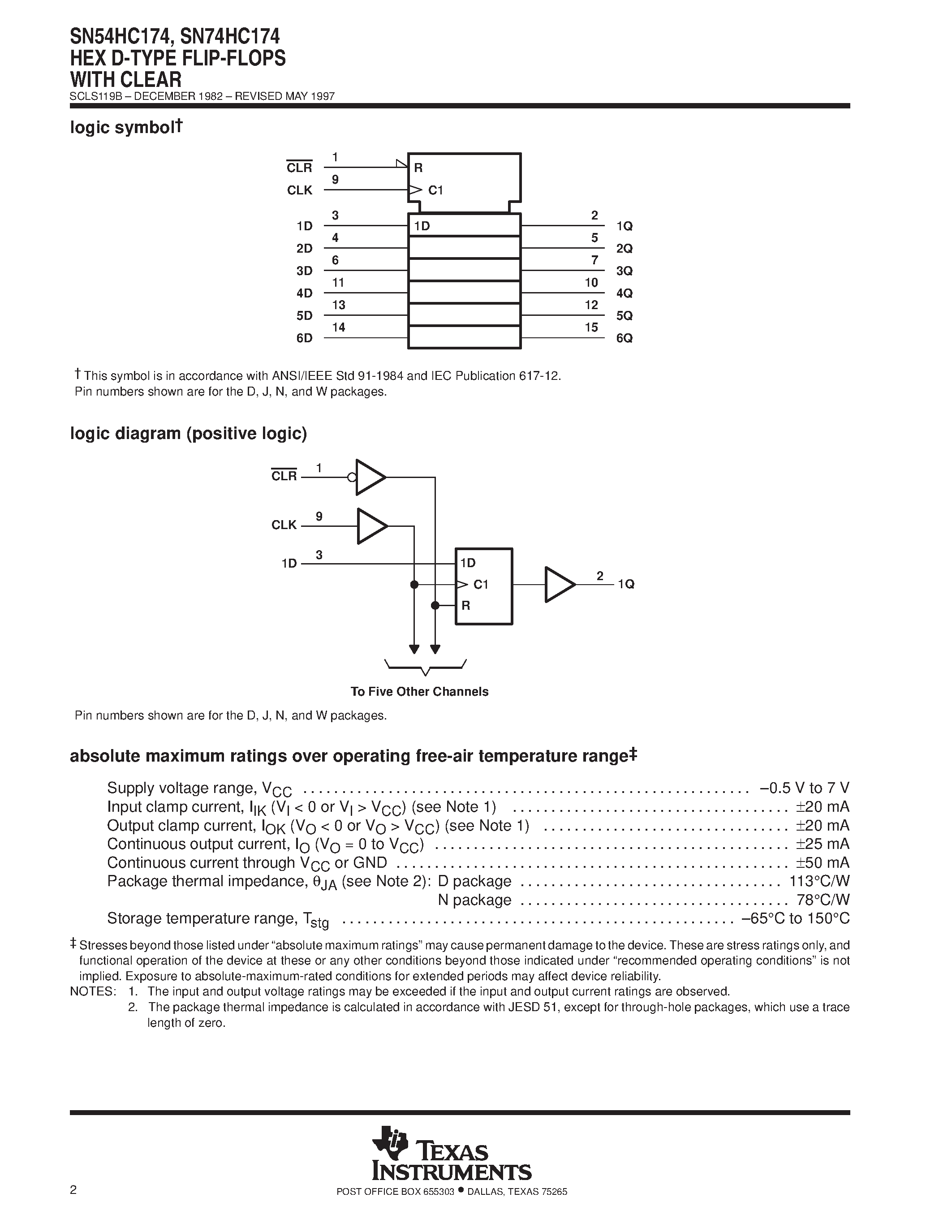 Даташит SN74HC174 - HEX D-TYPE FLIP-FLOPS WITH CLEAR страница 2