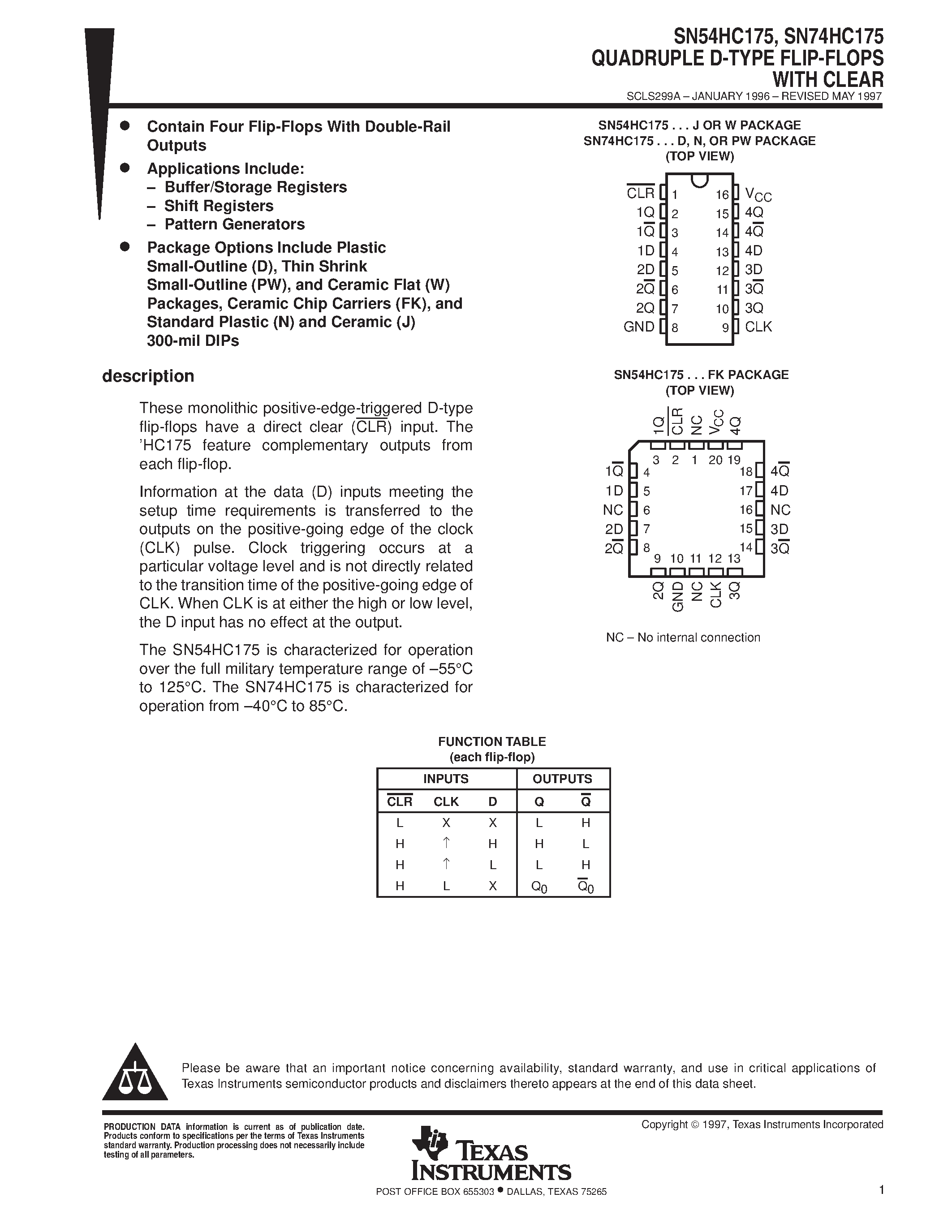 Даташит SN74HC175 - QUADRUPLE D-TYPE FLIP-FLOPS WITH CLEAR страница 1