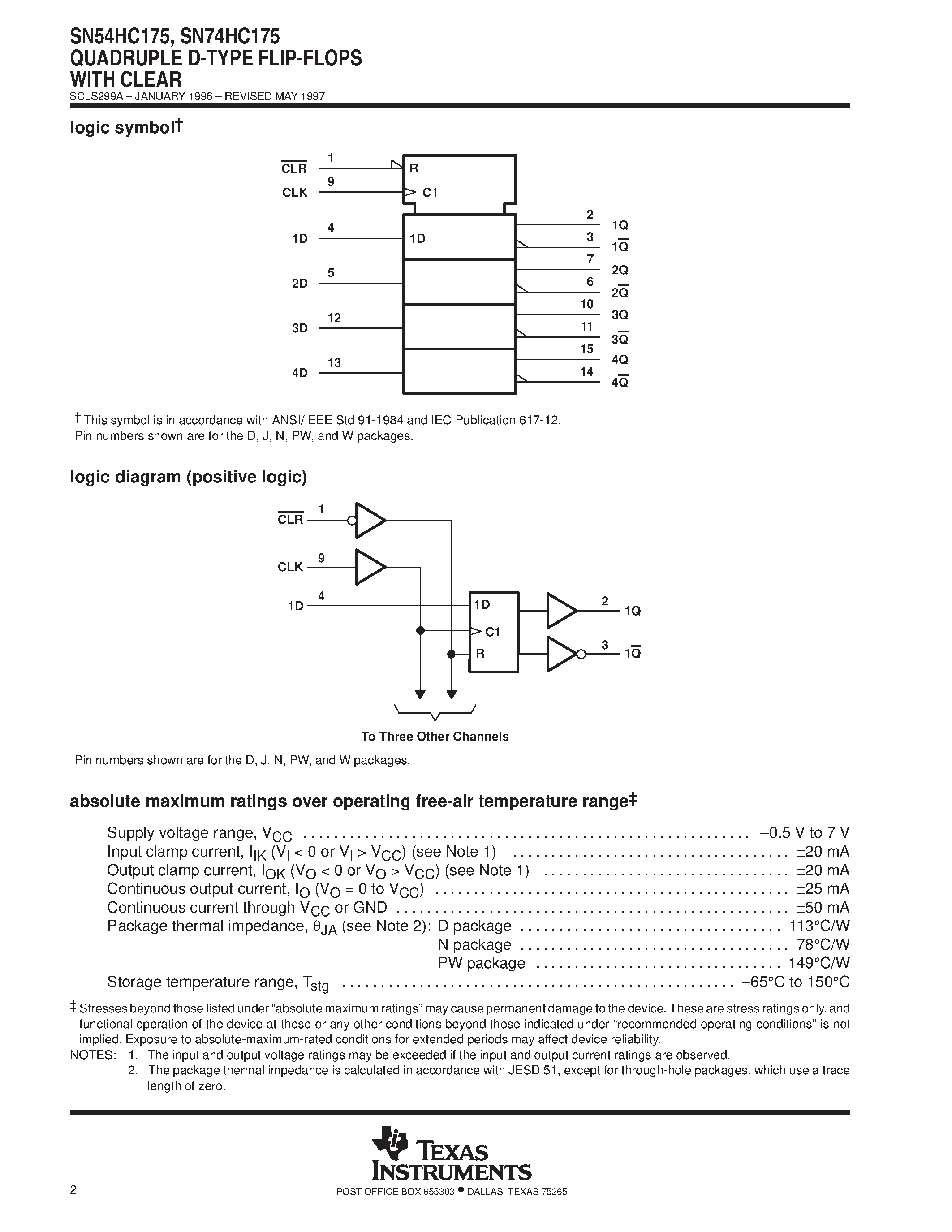 Даташит SN74HC175 - QUADRUPLE D-TYPE FLIP-FLOPS WITH CLEAR страница 2