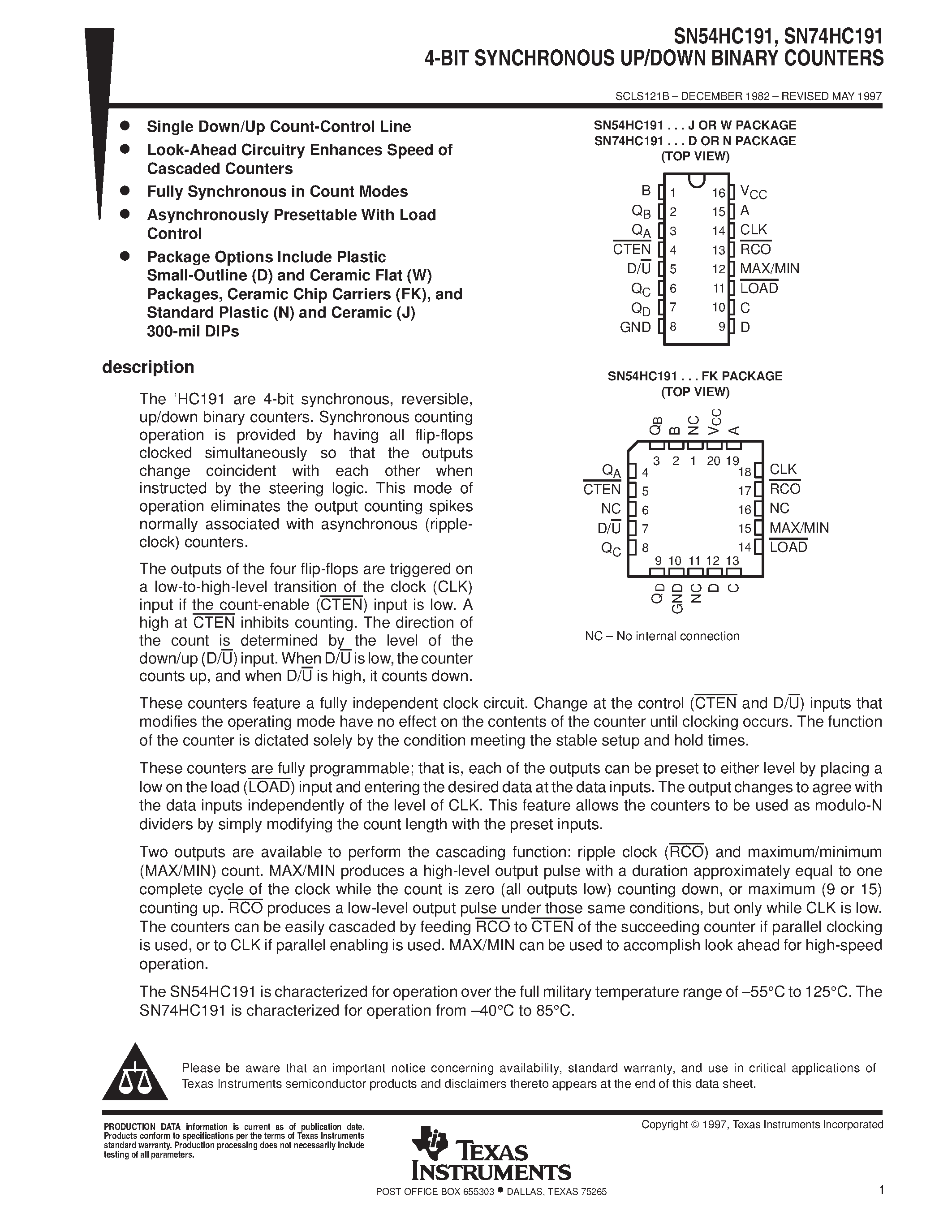 Даташит SN74HC191 - 4-BIT SYNCHRONOUS UP/DOWN BINARY COUNTERS страница 1