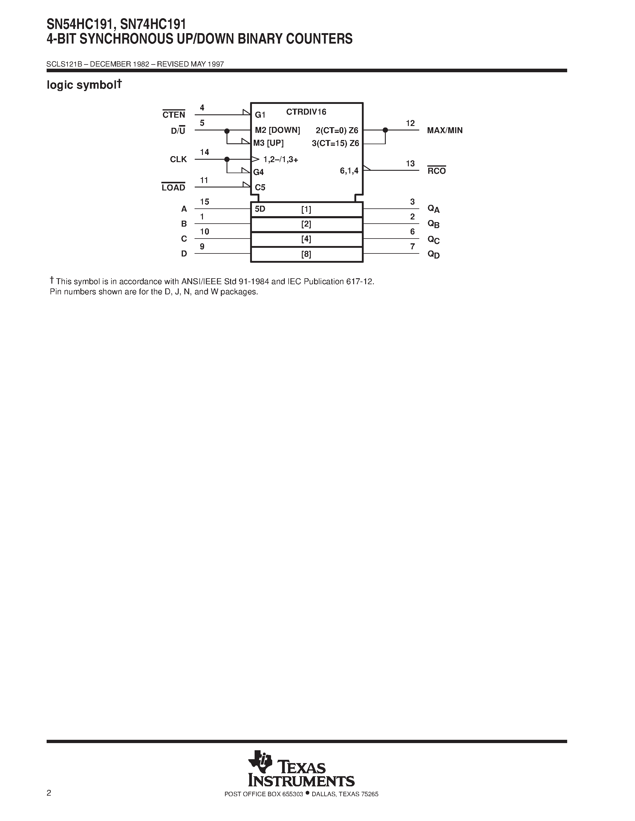 Даташит SN74HC191 - 4-BIT SYNCHRONOUS UP/DOWN BINARY COUNTERS страница 2