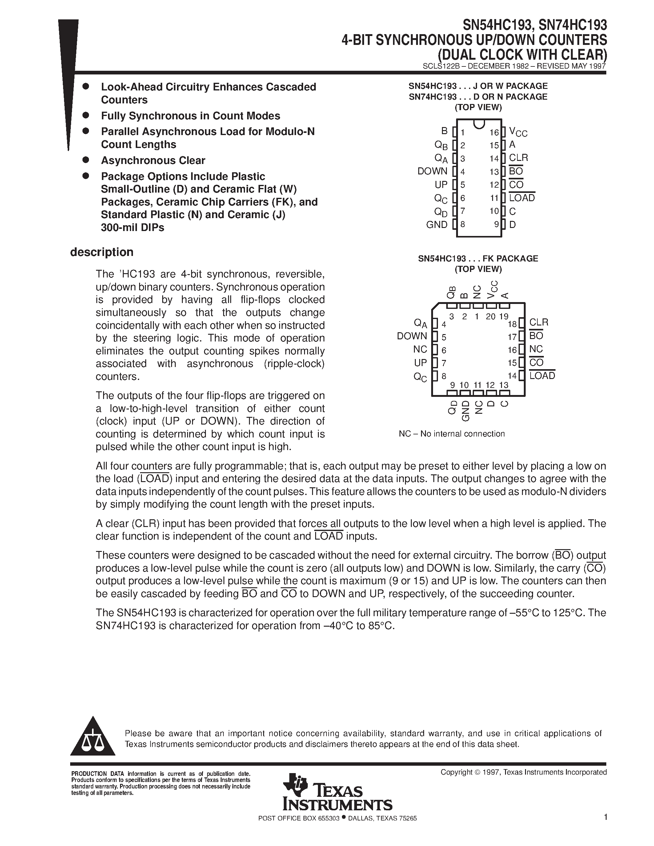 Даташит SN74HC193 - 4-BIT SYNCHRONOUS UP/DOWN COUNTERS DUAL CLOCK WITH CLEAR страница 1