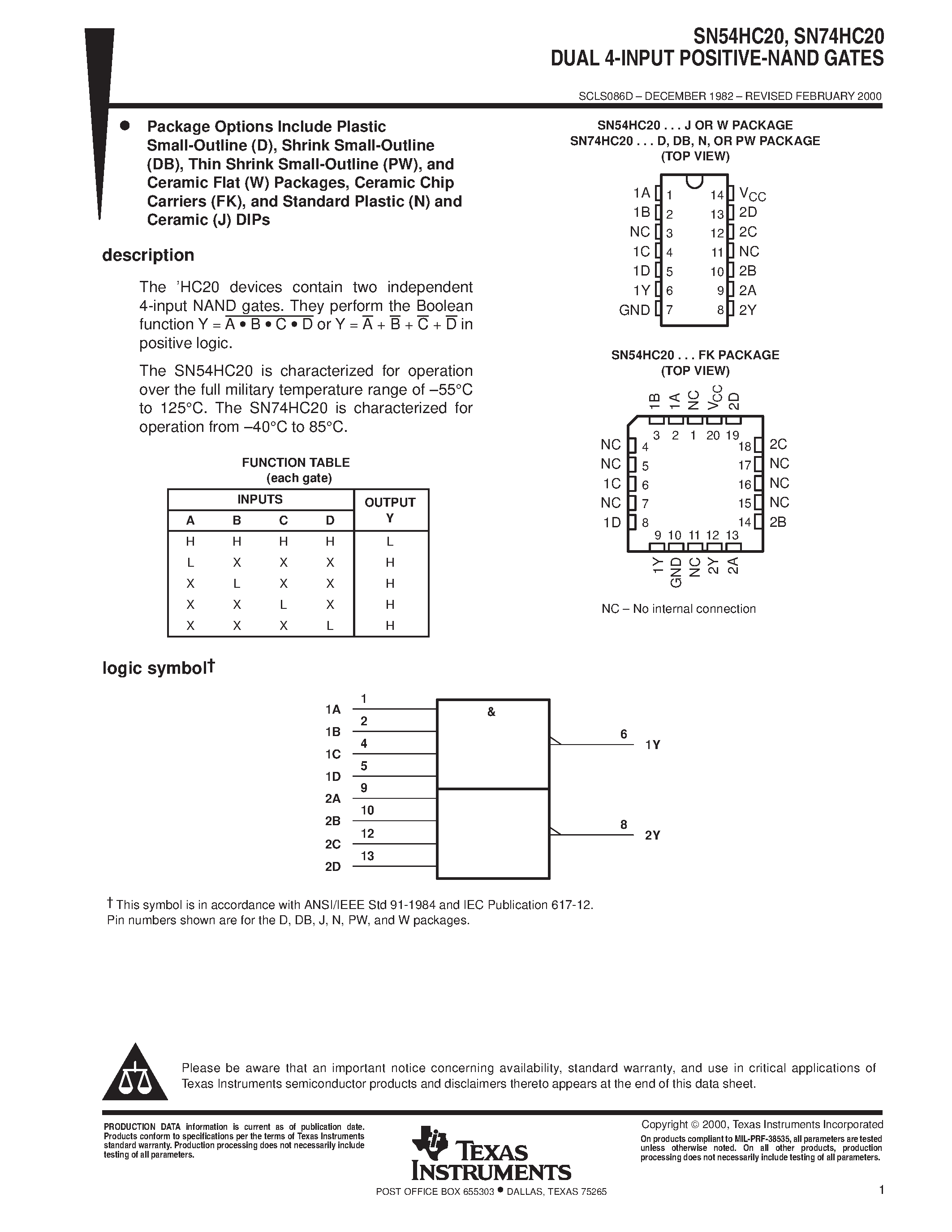 Даташит SN74HC20 - DUAL 4-INPUT POSITIVE-NAND GATES страница 1