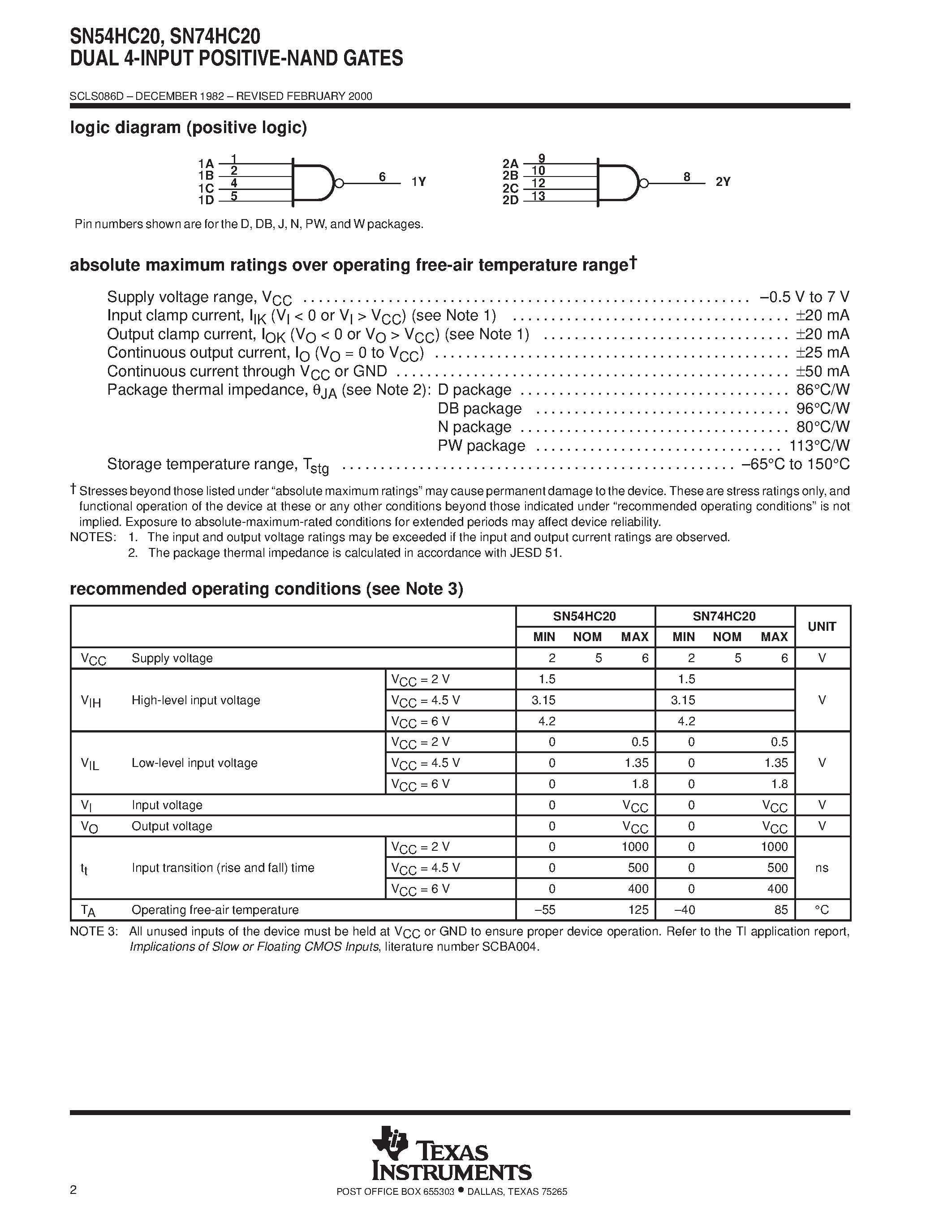 Даташит SN74HC20 - DUAL 4-INPUT POSITIVE-NAND GATES страница 2