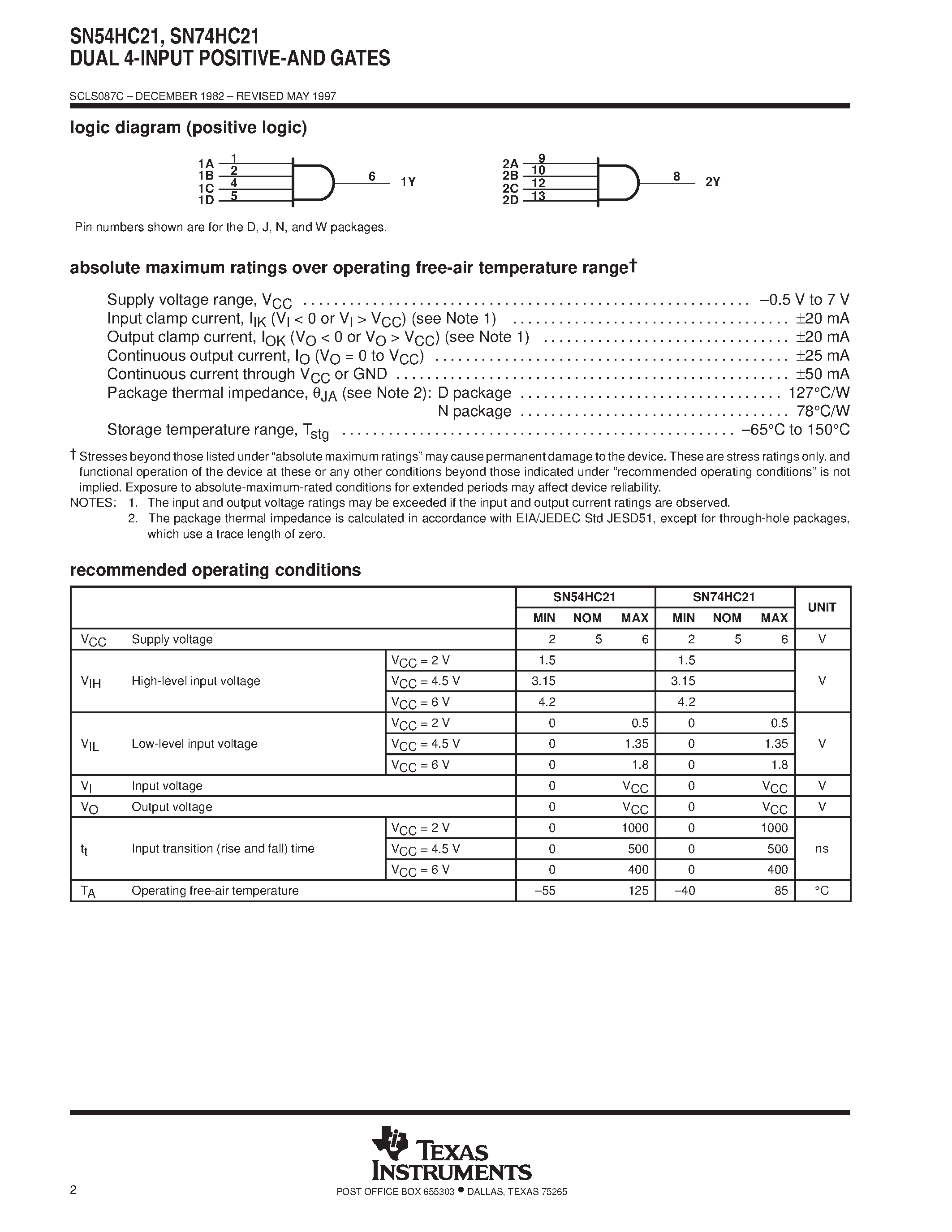 Даташит SN74HC21 - DUAL 4-INPUT POSITIVE-AND GATES страница 2