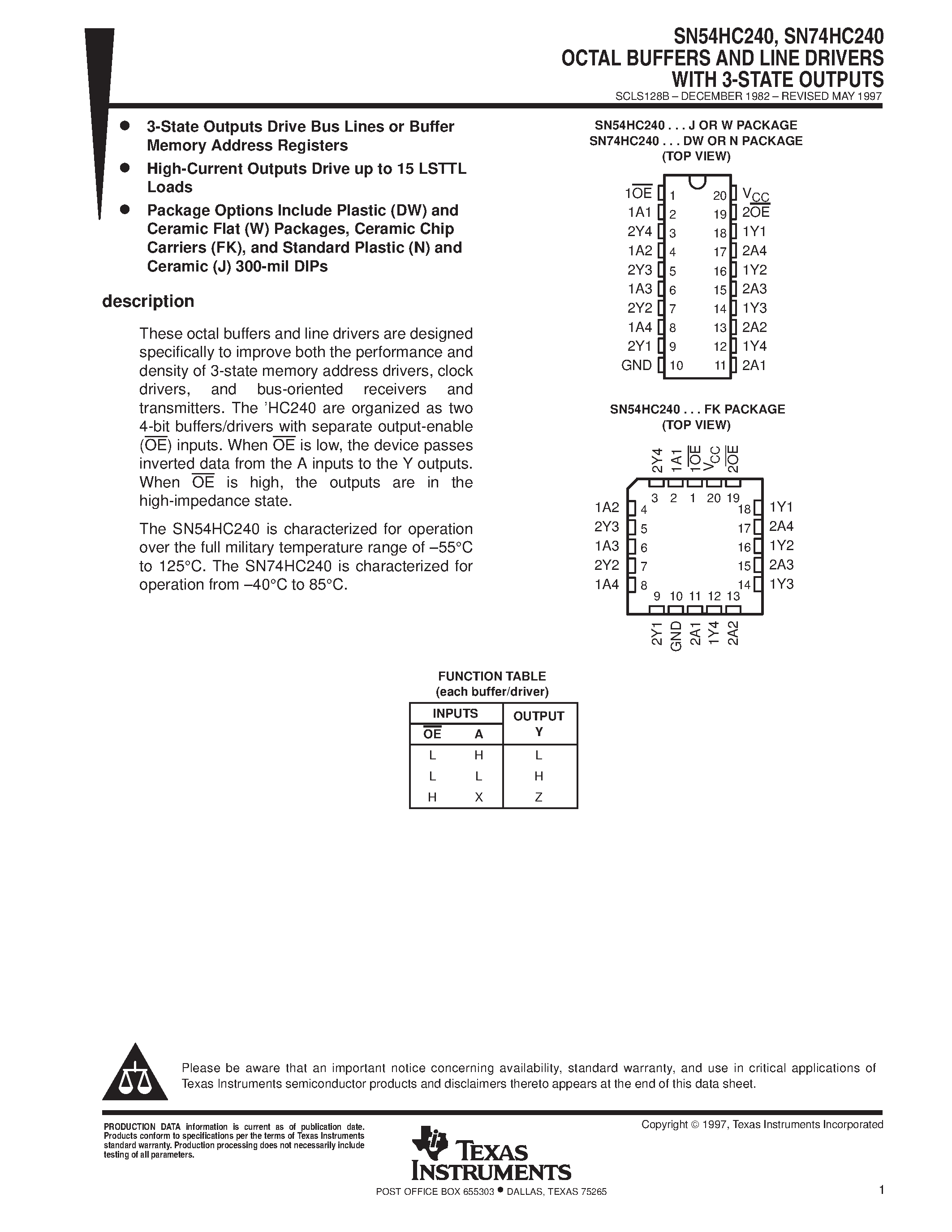 Даташит SN74HC240 - OCTAL BUFFERS AND LINE DRIVERS WITH 3-STATE OUTPUTS страница 1