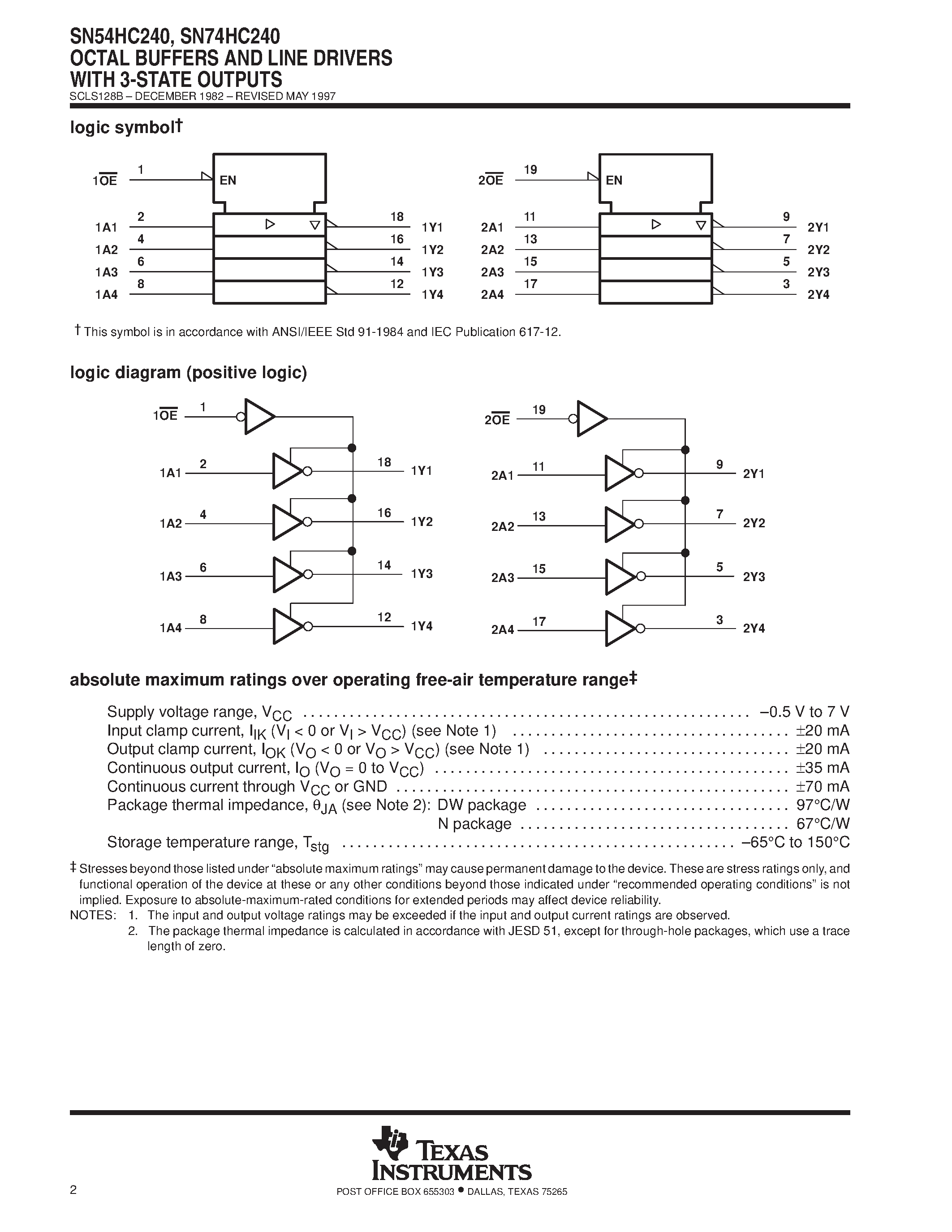 Даташит SN74HC240 - OCTAL BUFFERS AND LINE DRIVERS WITH 3-STATE OUTPUTS страница 2