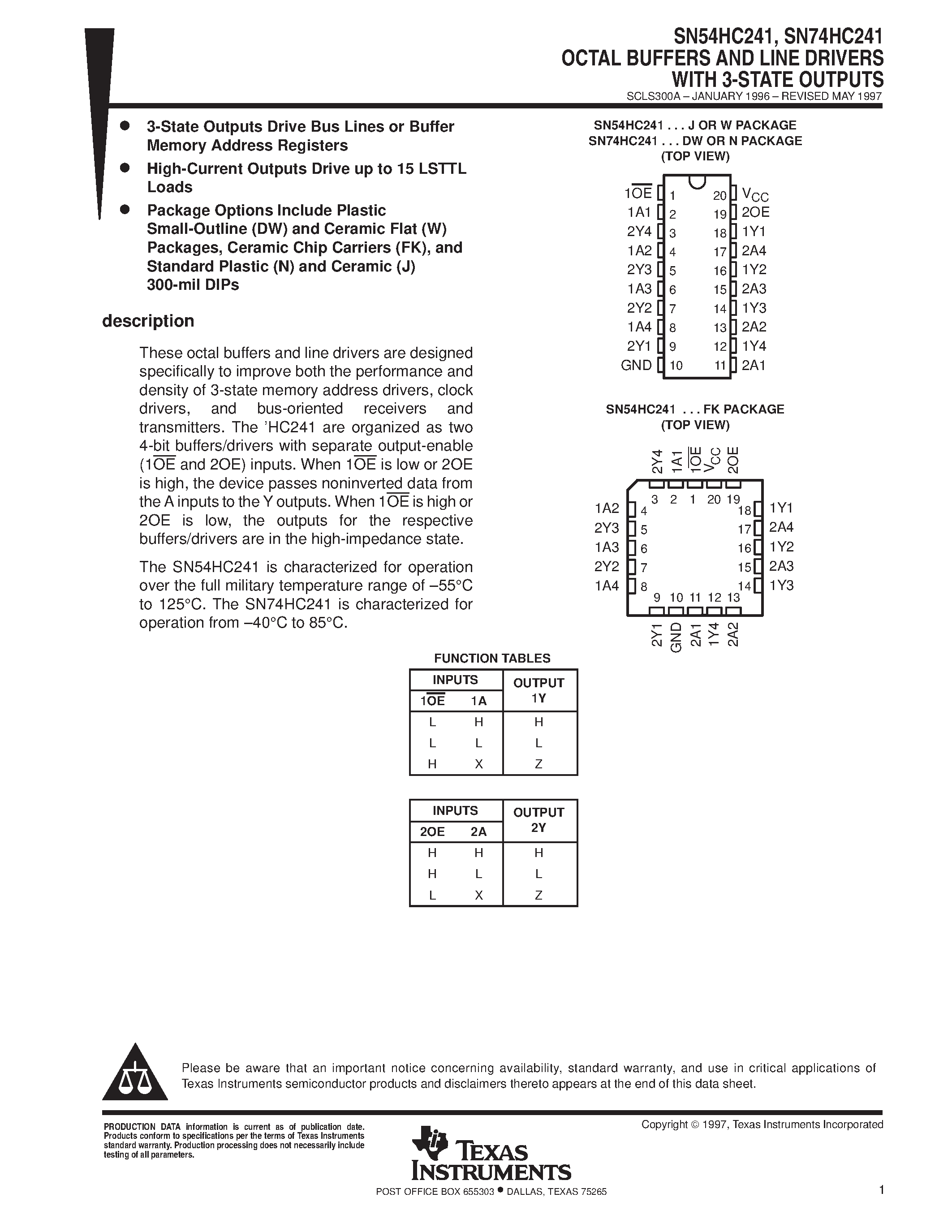 Даташит SN74HC241 - OCTAL BUFFERS AND LINE DRIVERS WITH 3-STATE OUTPUTS страница 1