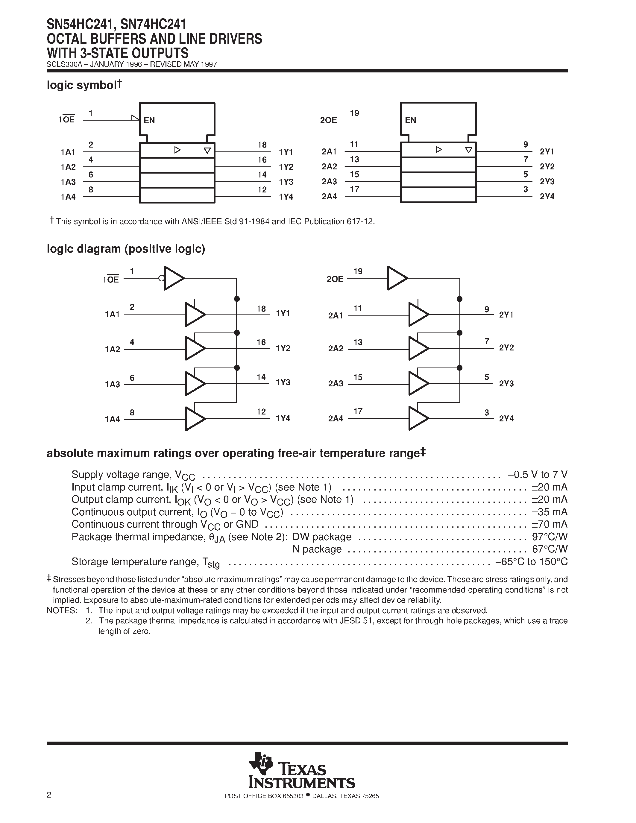 Даташит SN74HC241 - OCTAL BUFFERS AND LINE DRIVERS WITH 3-STATE OUTPUTS страница 2