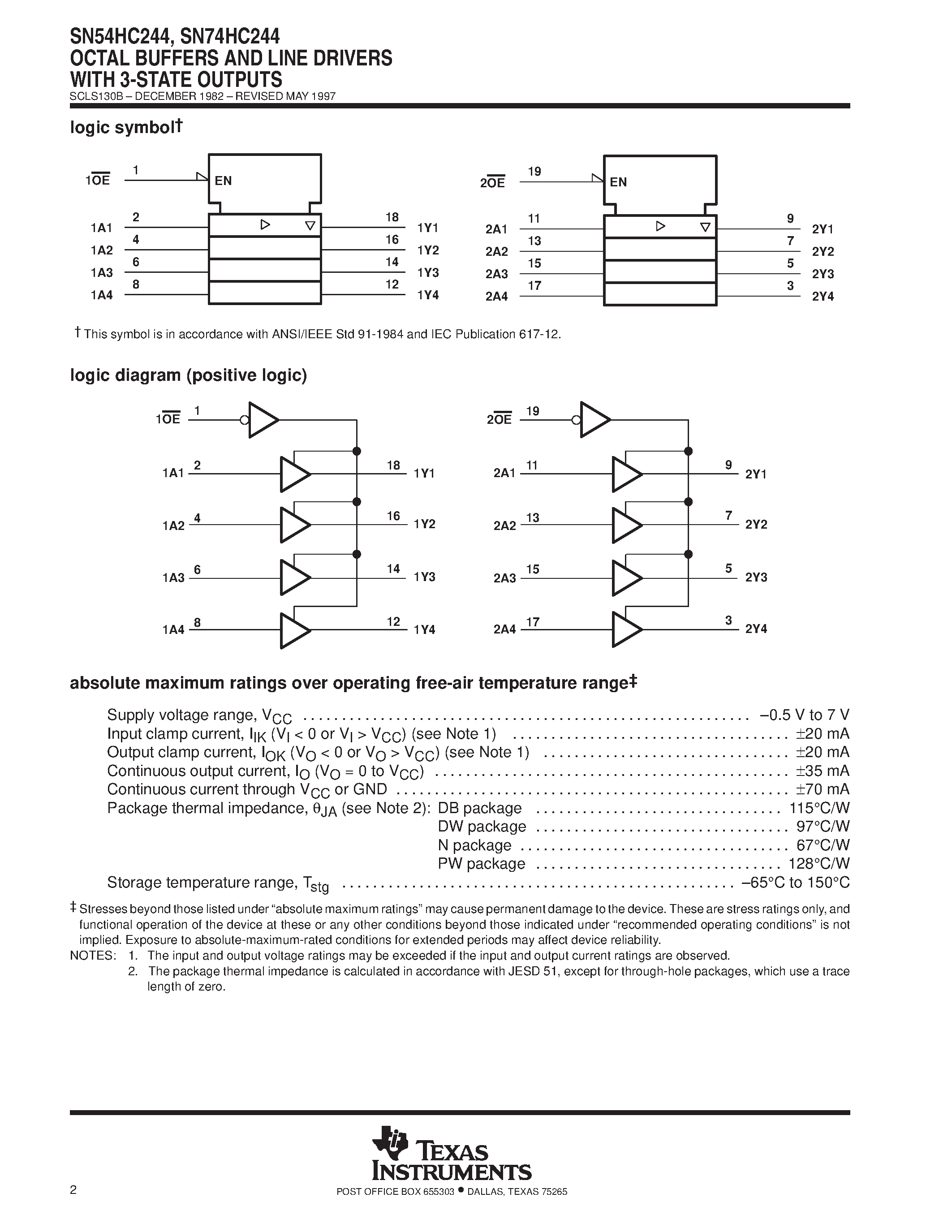 Даташит SN74HC244 - OCTAL BUFFERS AND LINE DRIVERS WITH 3-STATE OUTPUTS страница 2