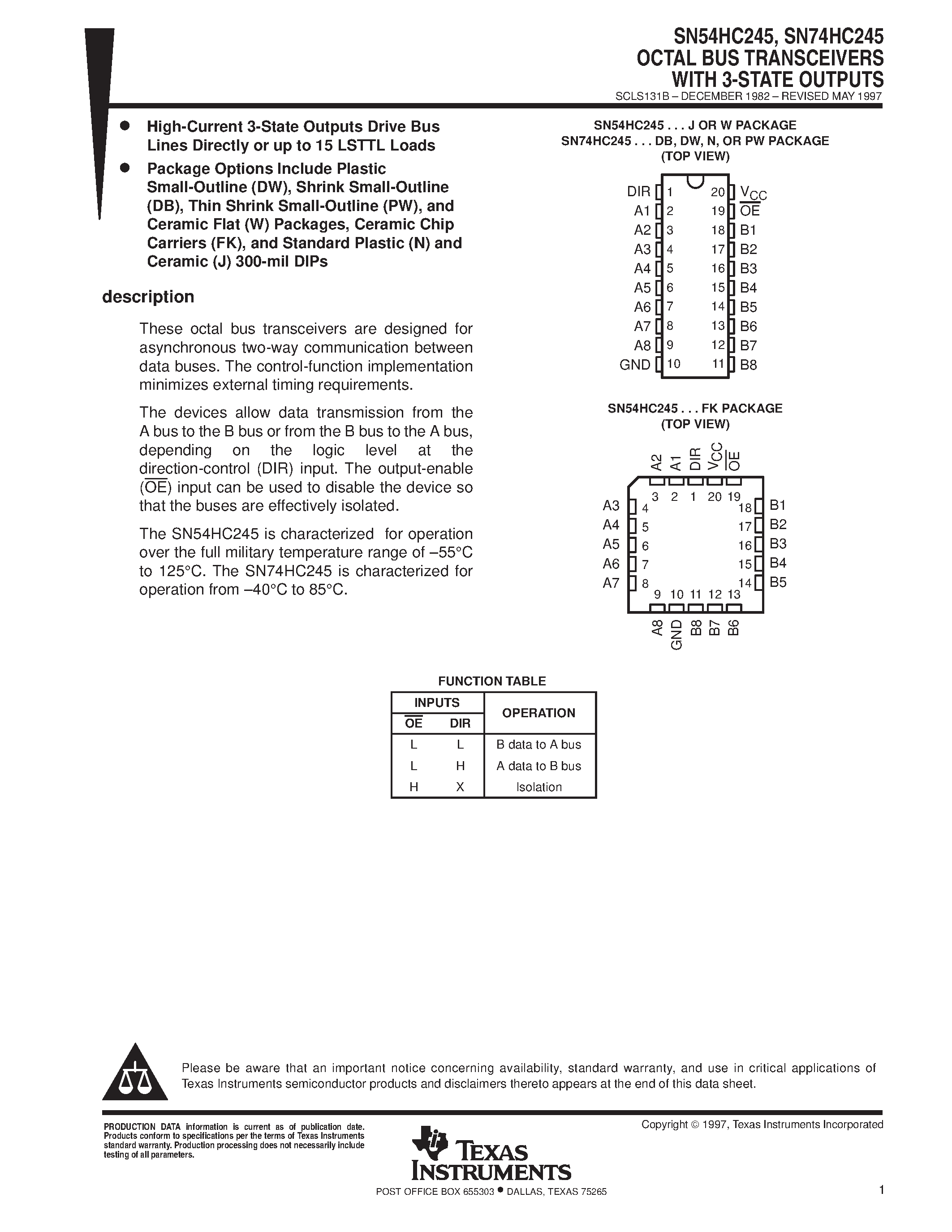 Даташит SN74HC245 - OCTAL BUS TRANSCEIVERS WITH 3-STATE OUTPUTS страница 1