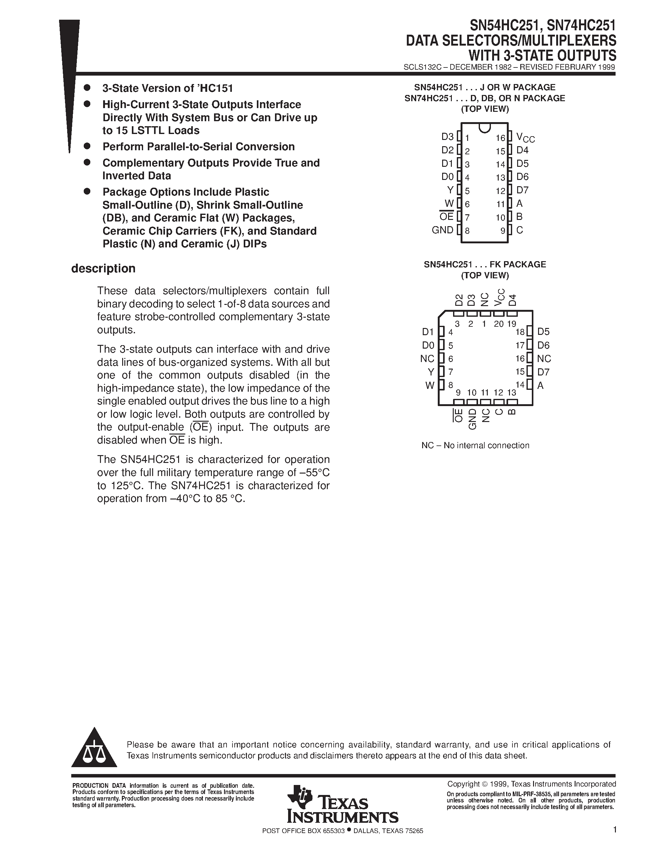 Даташит SN74HC251 - DATA SELECTORS/MULTIPLEXERS WITH 3-STATE OUTPUTS страница 1