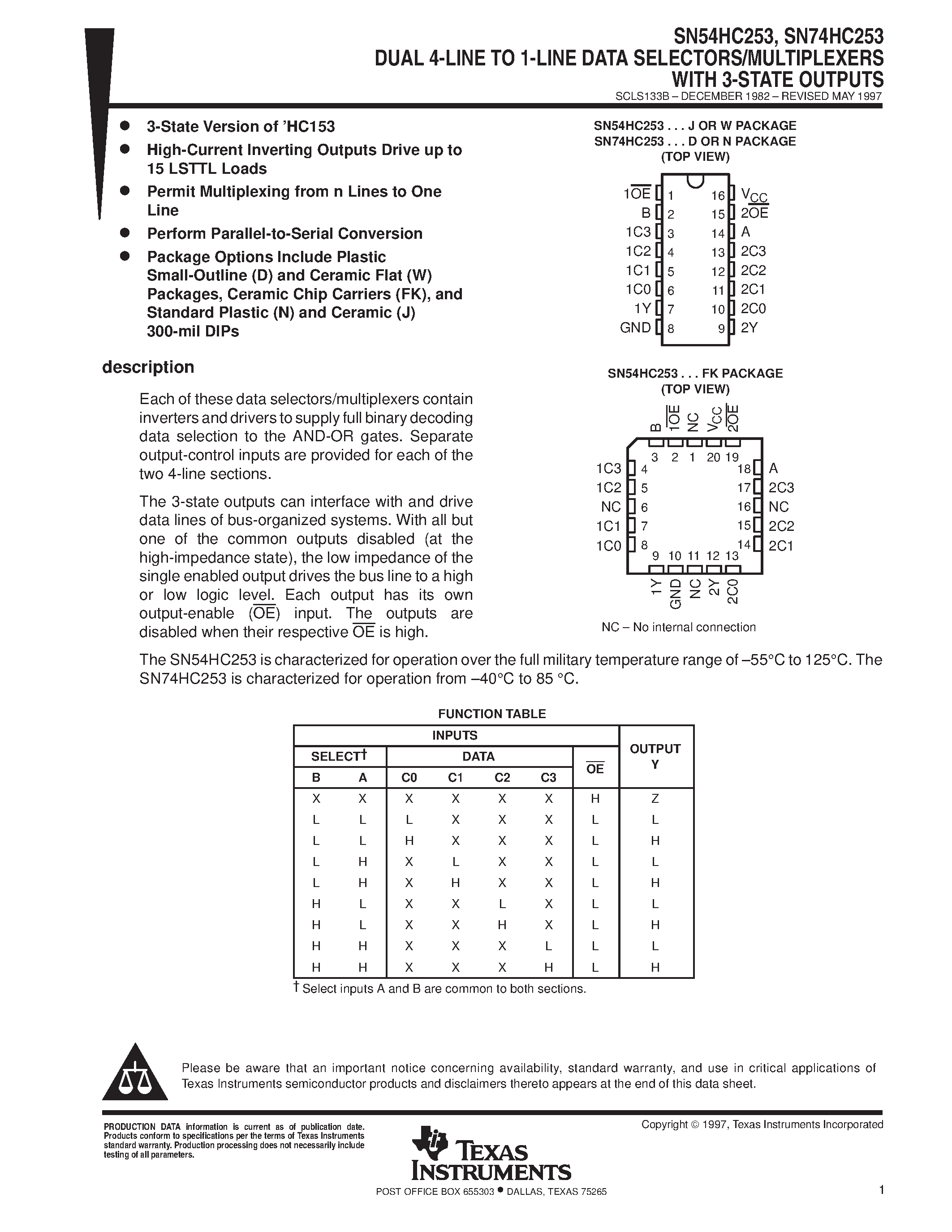 Даташит SN74HC253 - DUAL 4-LINE TO 1-LINE DATA SELECTORS/MULTIPLEXERS WITH 3-STATE OUTPUTS страница 1