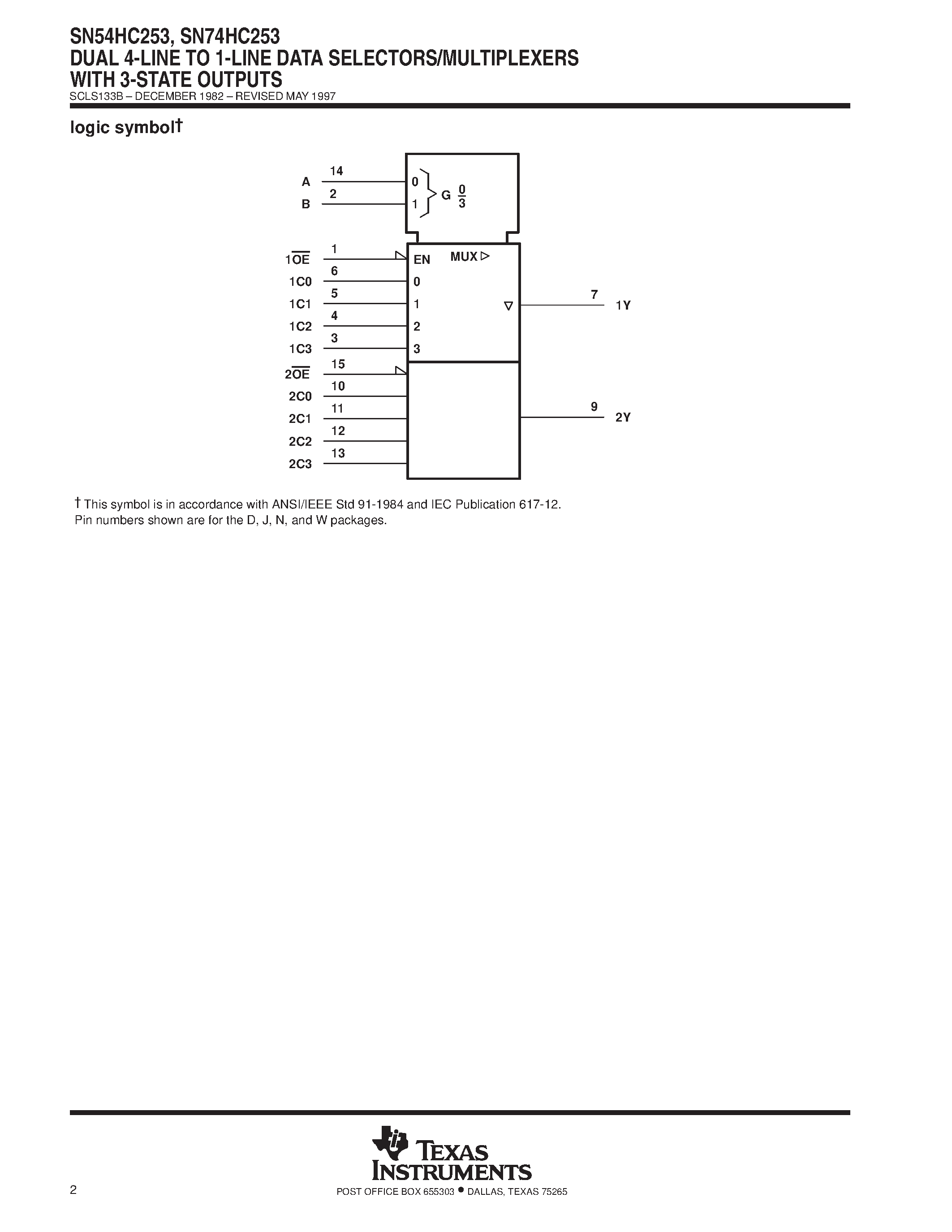 Даташит SN74HC253 - DUAL 4-LINE TO 1-LINE DATA SELECTORS/MULTIPLEXERS WITH 3-STATE OUTPUTS страница 2