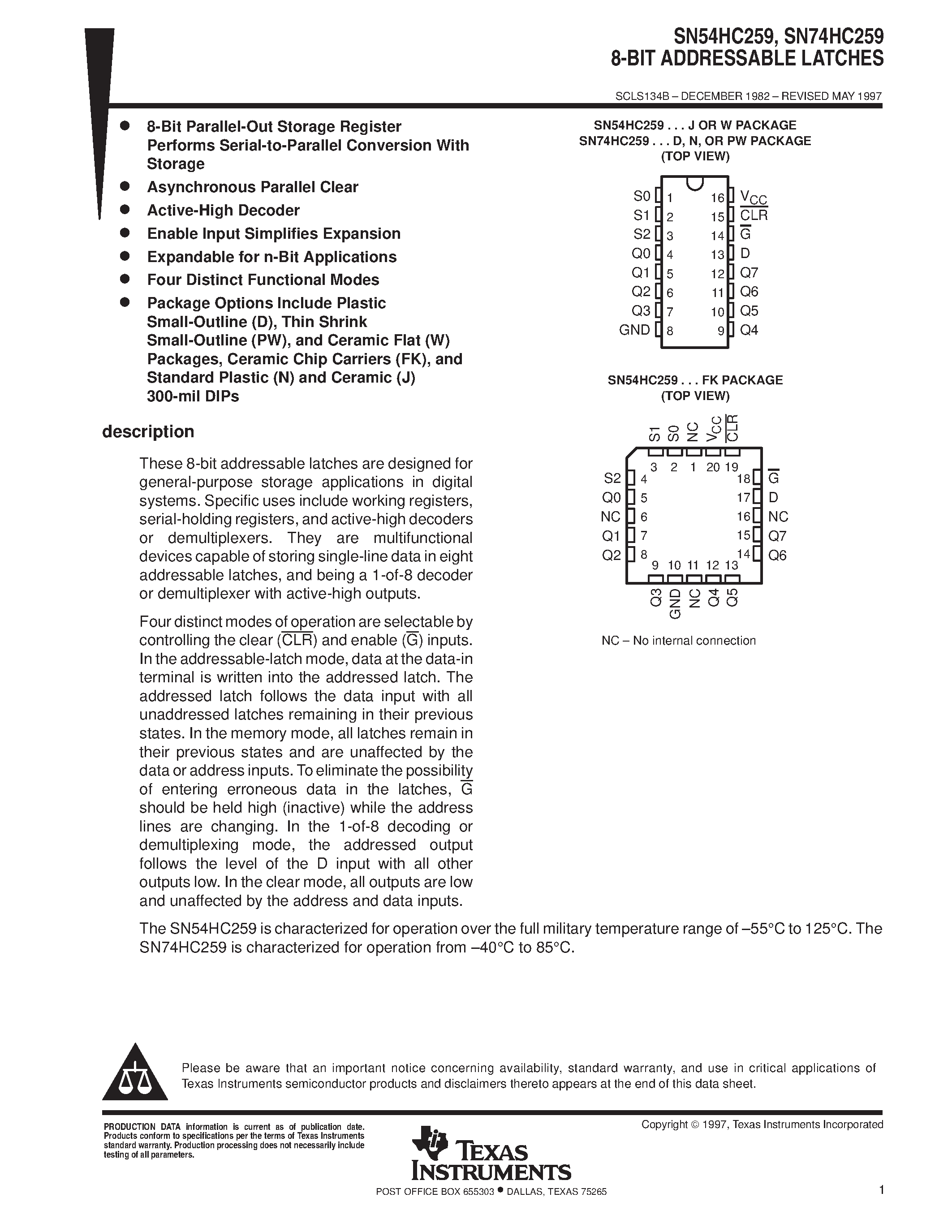 Даташит SN74HC259 - 8-BIT ADDRESSABLE LATCHES страница 1