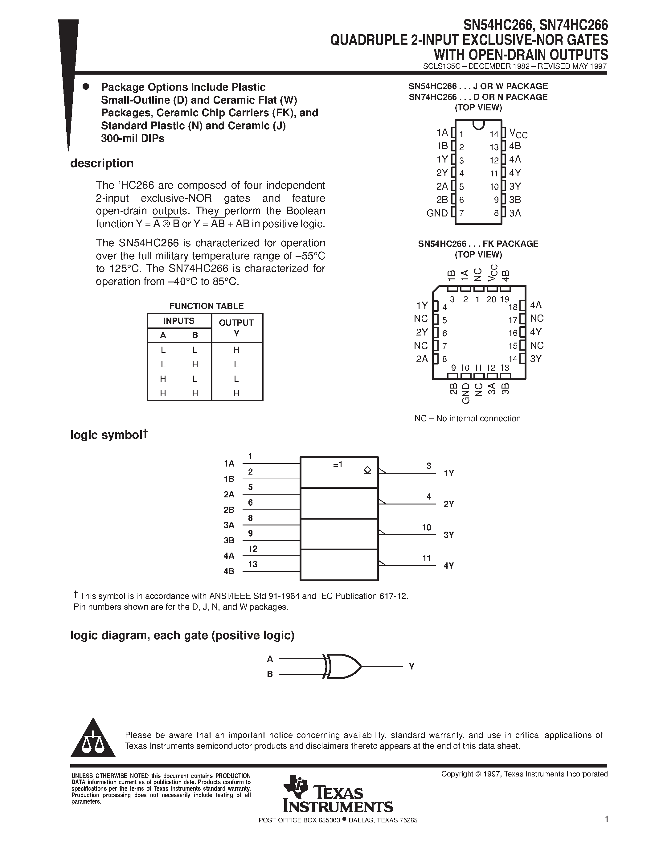 Даташит SN74HC266 - QUADRUPLE 2-INPUT EXCLUSIVE-NOR GATES WITH OPEN-DRAIN OUTPUTS страница 1